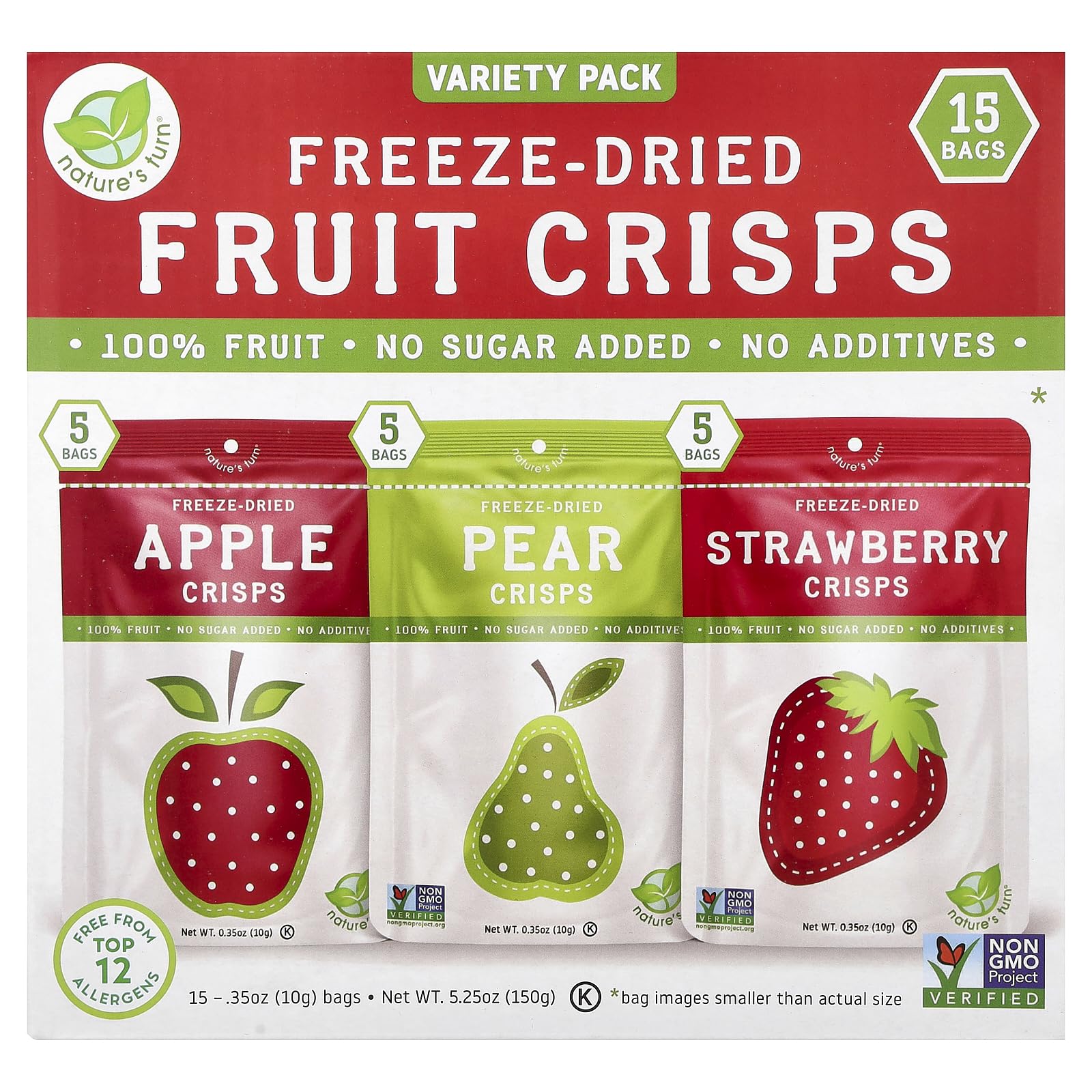 Nature’s Turn Freeze-Dried Fruit Crisps –Healthy, Gluten-Free,Crispy & Delicious, Plant-Based Snack,Ideal for Cereal, Smoothies,School Lunches,& On-the-Go,Lunchbox Snack Variety Bags of 15 (0.35 oz Each)