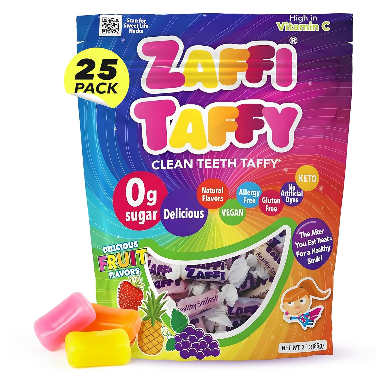 Zaffi Taffy Sugar Free Candy - Dye Free, Keto & Diabetic-Friendly, Dentist-Approved Treats for Kids (Natural Fruit Flavor, 3 oz)