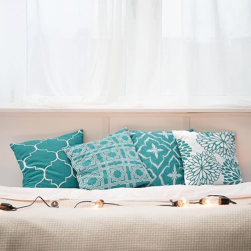 Miniatura 5 de Ambesonne Paquete de 4 fundas de cojín vintage, diseño monocromático, enrejado, cuadrícula, cuadrícula, cuadrícula, cuadrifolio y flores de dalia,