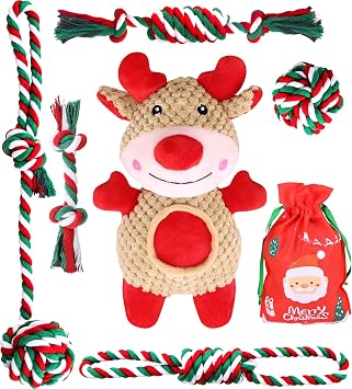 Pweituoet Christmas Dog Toys, 6 Pack Dog Rope Toys and Plush Dog Toys/Dog Gifts for Puppy Small Medium Large Dogs