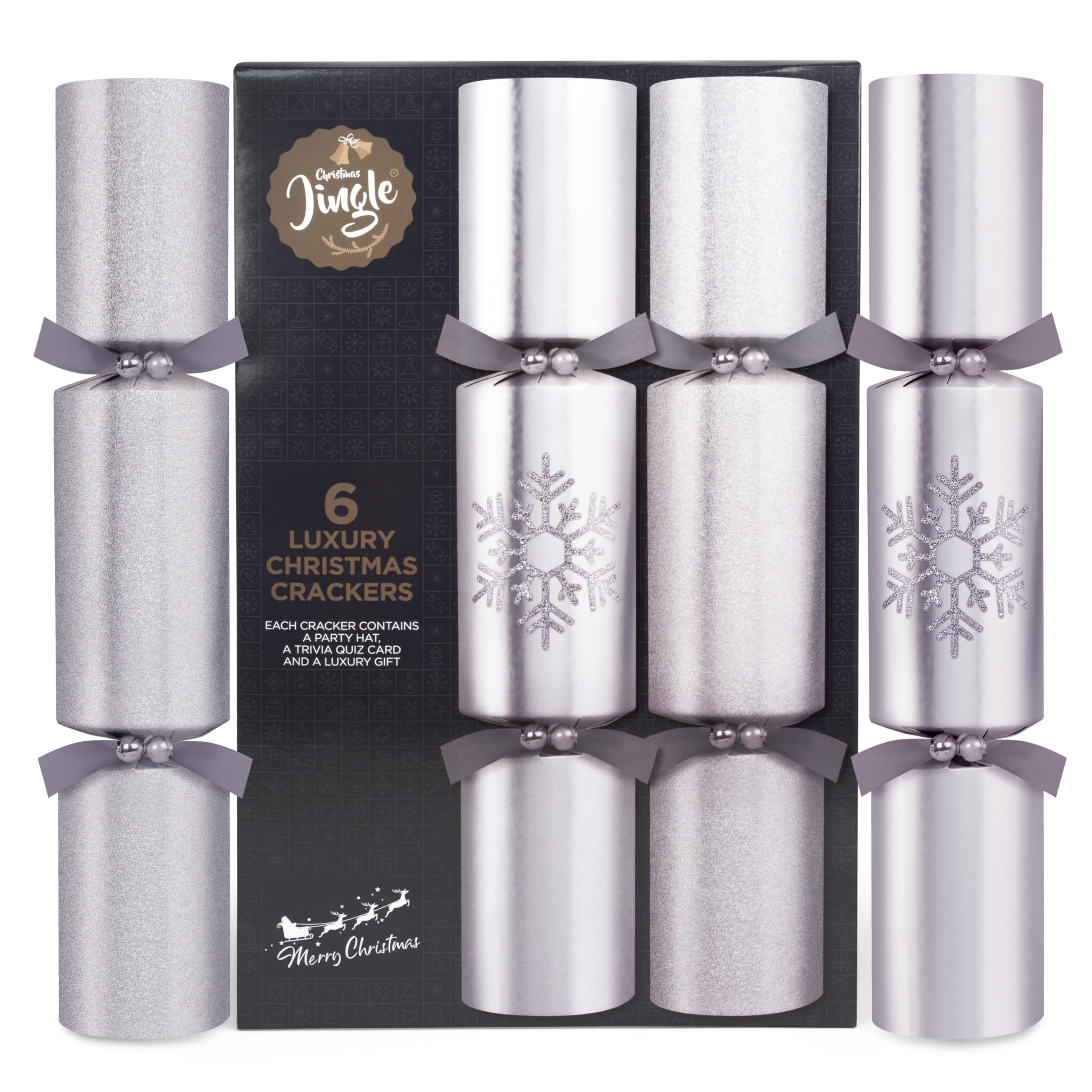 abeec Silver Luxury Christmas Crackers – 6 Large 14" Festive Crackers With Hats, Trivia Quiz Cards And Practical Gifts – Glitter Silver Finish For Elegant Christmas Celebrations