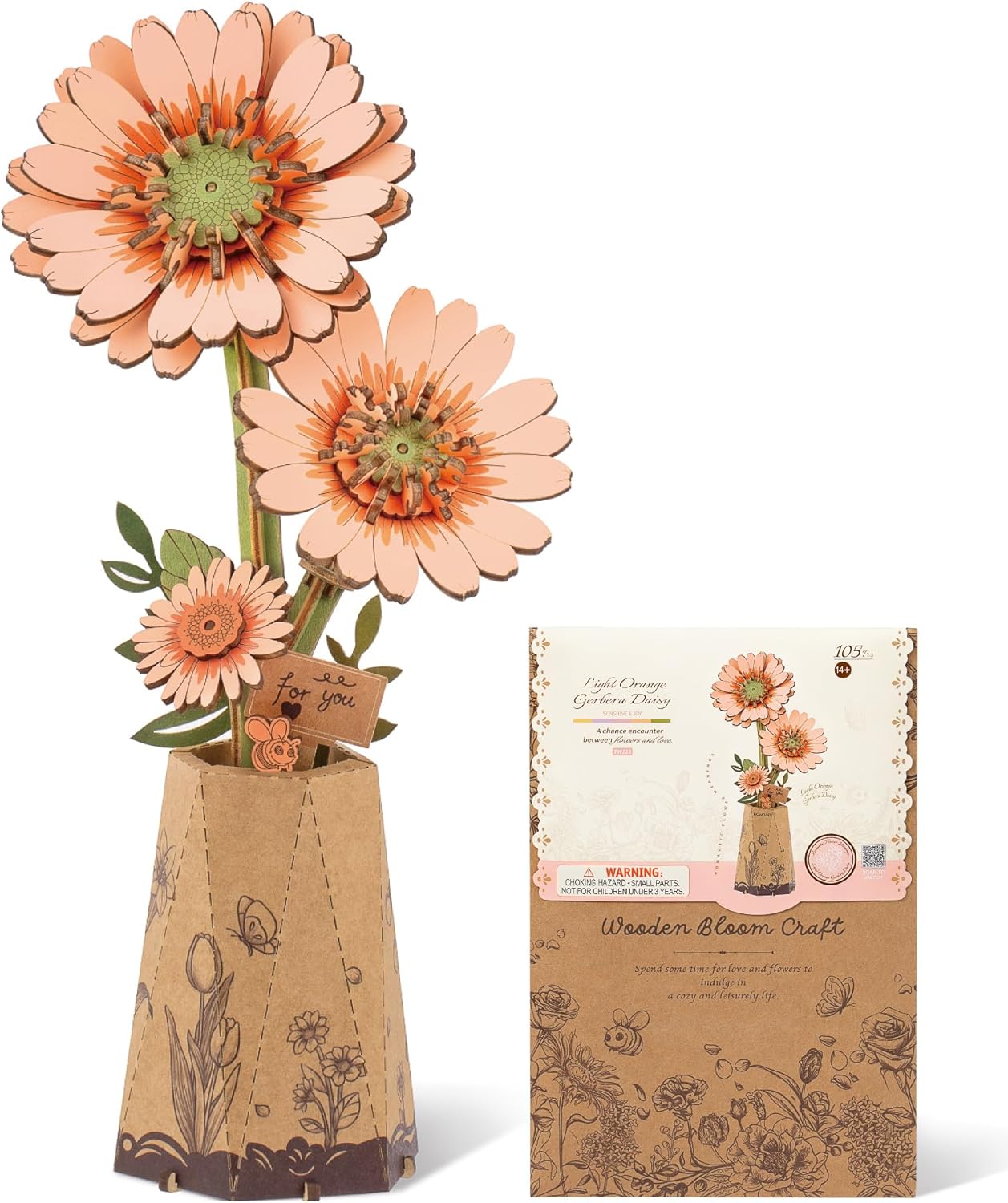 ROBOTIME 3D Puzzle Light Orange Gerbera Daisy TW111, DIY Wooden Flower Craft, Artificial Flowers Model Kit to Assemble for Adults, Home Decoration and Valentine's Day Toy Gift Set