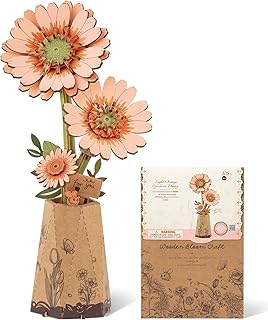 ROBOTIME 3D Puzzle Light Orange Gerbera Daisy TW111, DIY Wooden Flower Craft, Artificial Flowers Model Kit to Assemble for Adults, Home Decoration and Valentine's Day Toy Gift Set