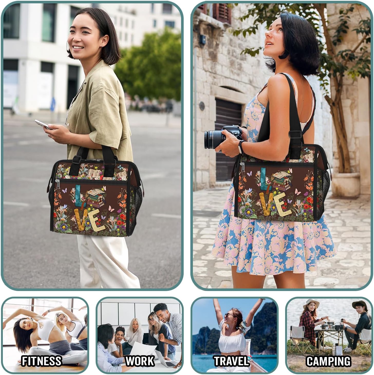 84hoods Insulated Lunch Bag for Women. Gift for Book Lovers and Librarian. Large Lunch Box for Work Office Travel Picnic with Adjustable Strap. Love Books. - Image 5