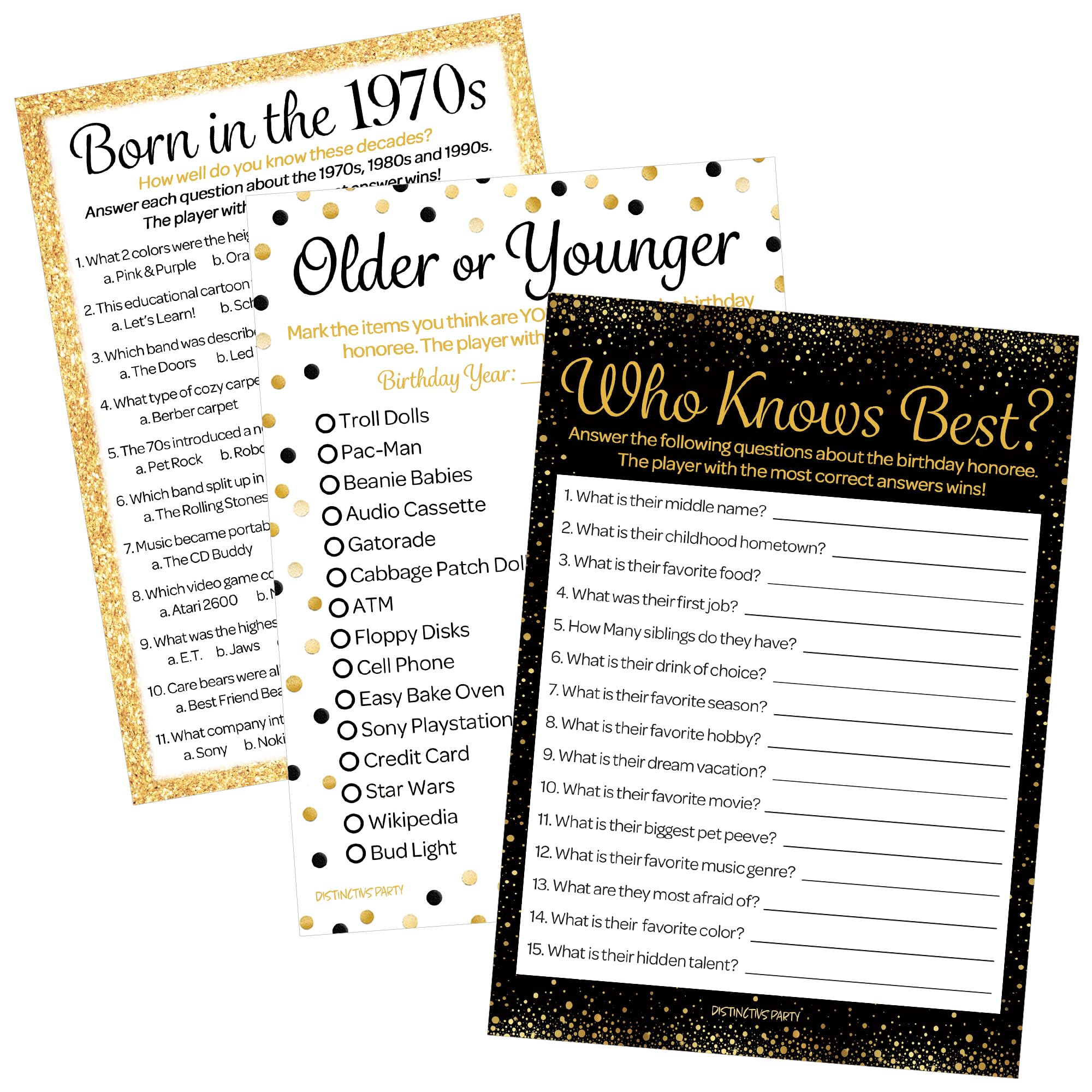 DISTINCTIVS Black and Gold 50th Birthday Games Party Bundle - Born in The 1970s Theme - Set of 3 Birthday Games for Adults - 20 Guests