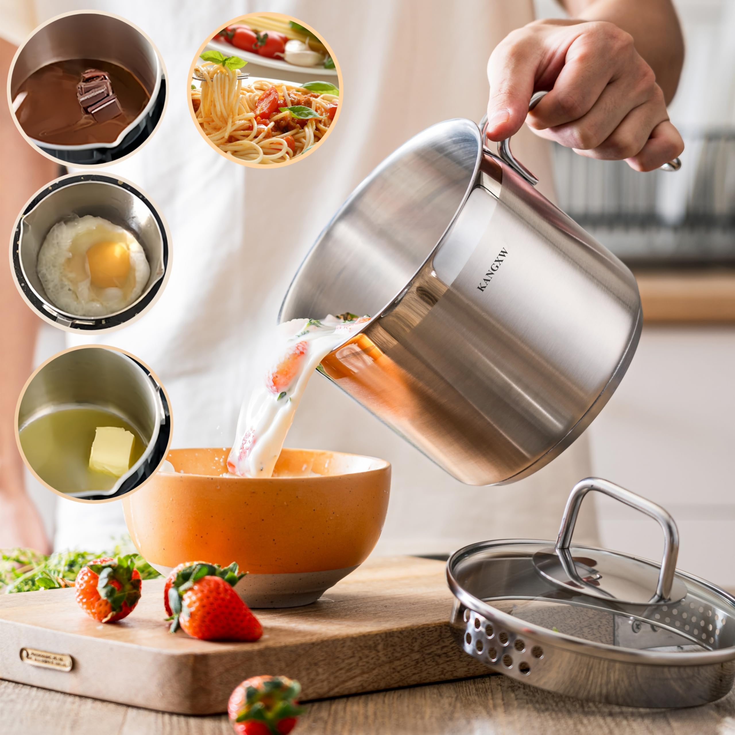KANGXW Stainless Steel Milk Pot, 1.5 Quart Pan, With Pour Spout and Filter Glass Lid Induction Milk Pots, Sauce, Gravy, Pasta Stock Pot (1.5qt)