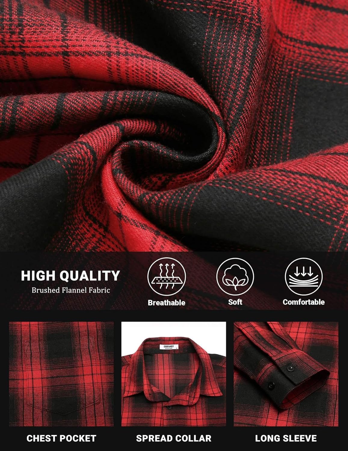 COOFANDY Mens Flannel Shirts Long Sleeve Button Down Shirt with Pocket Casual Shirts Work Shirts for Men - Image 4