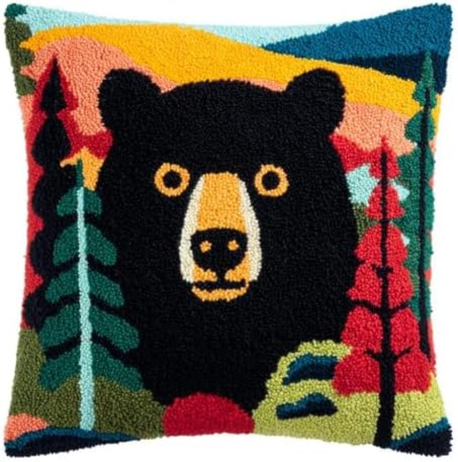 kitphoenix Latch Hook Cushion Cover Kit for Adults Beginners,Black Bear Portrait in Forest,DIY Pillow Cover Making Kit with Pre-Cut Yarn,Pre-Printed Canvas and Hook,43x43 cm Craft Hobby Gift
