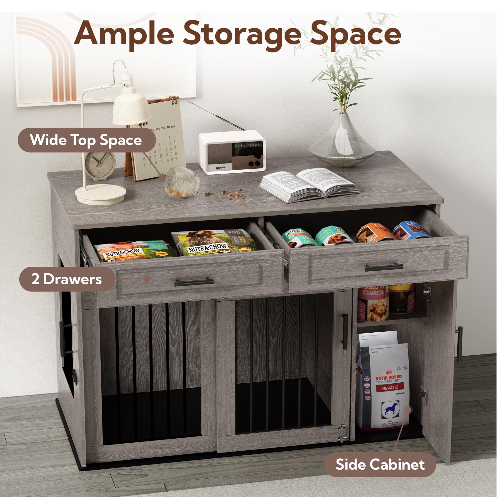 Mueble Estilo Perrera, Perrera Grande de Madera para Perros con Puertas Corredizas, Cajones y Armario, Casa para Perros con Cerradura, Interior, Mesa, Gris