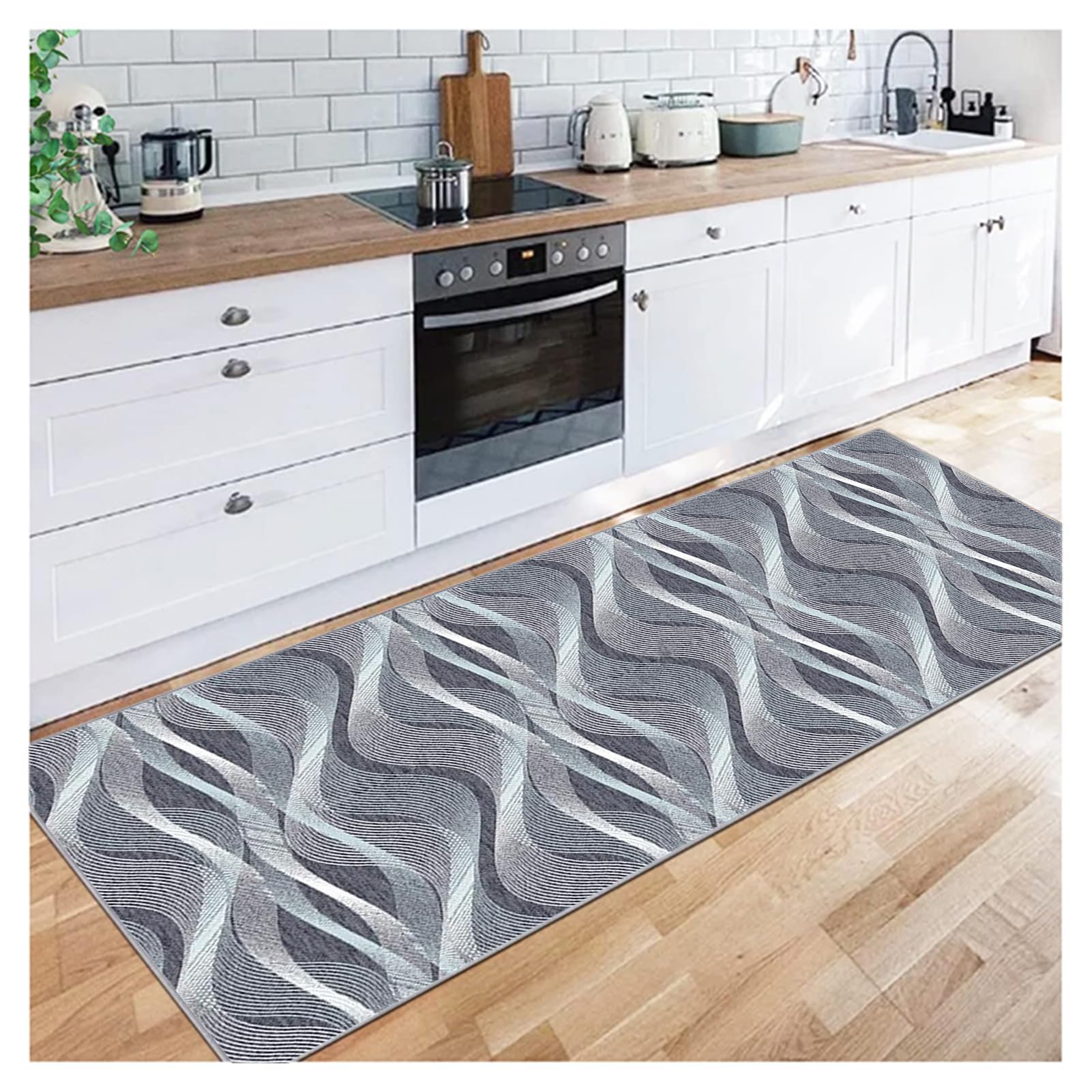 Antiscivolo Tappeto Passatoia Cucina 1.7 Metri - Tappeto Runner Lavabile in Lavatrice, Grigio-Blu con Disegno Astratto, Materiale Poliestere Durevole per Interni/Esterni/Ideale/Uffici 100x170 cm