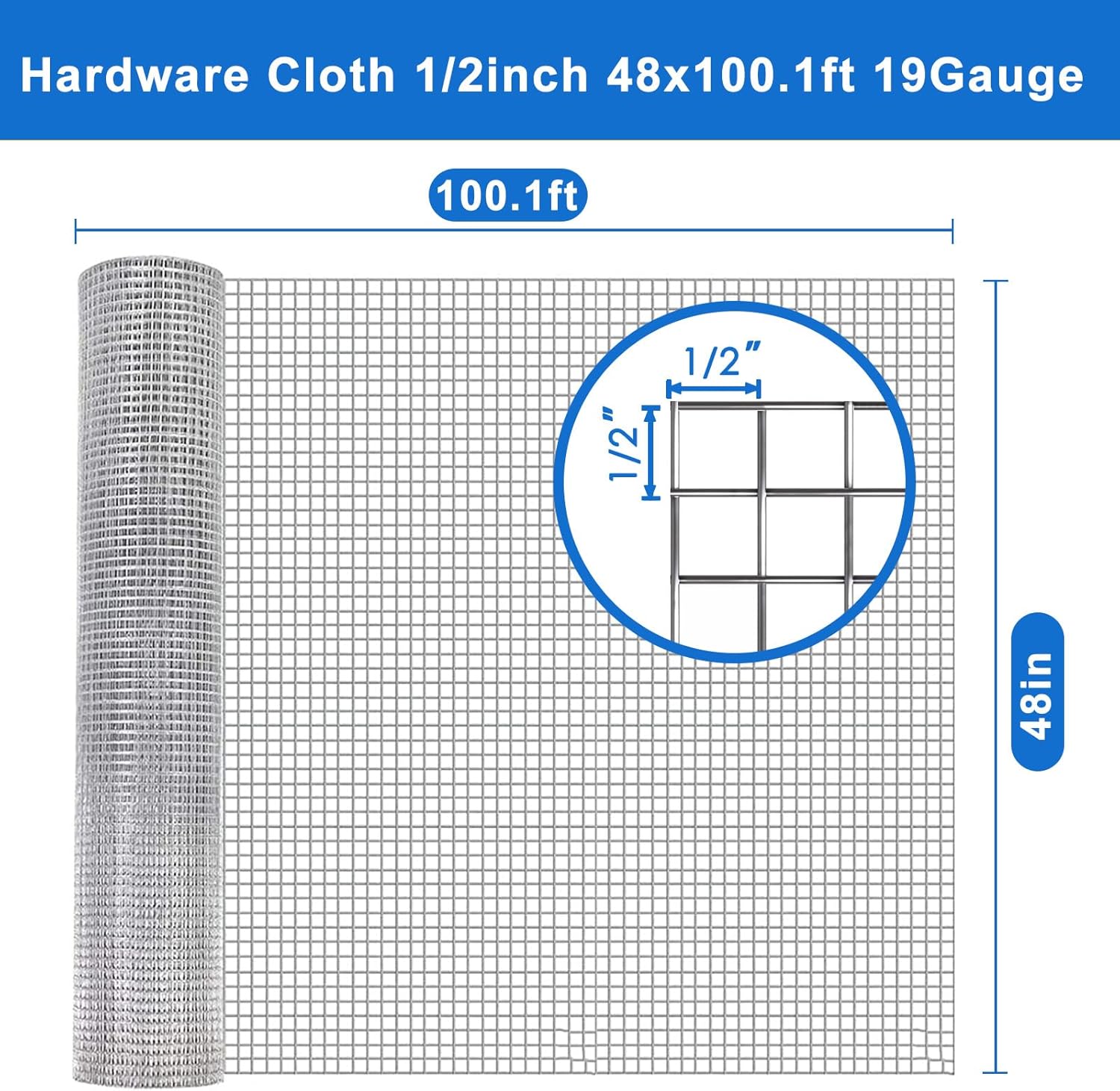 19 Gauge Hardware Cloth, 1/2 inch 48 inch x 100.1 Foot Chicken Wire Fence, Galvanized Welded Cage Wire Mesh Roll Supports Poultry Netting Cage