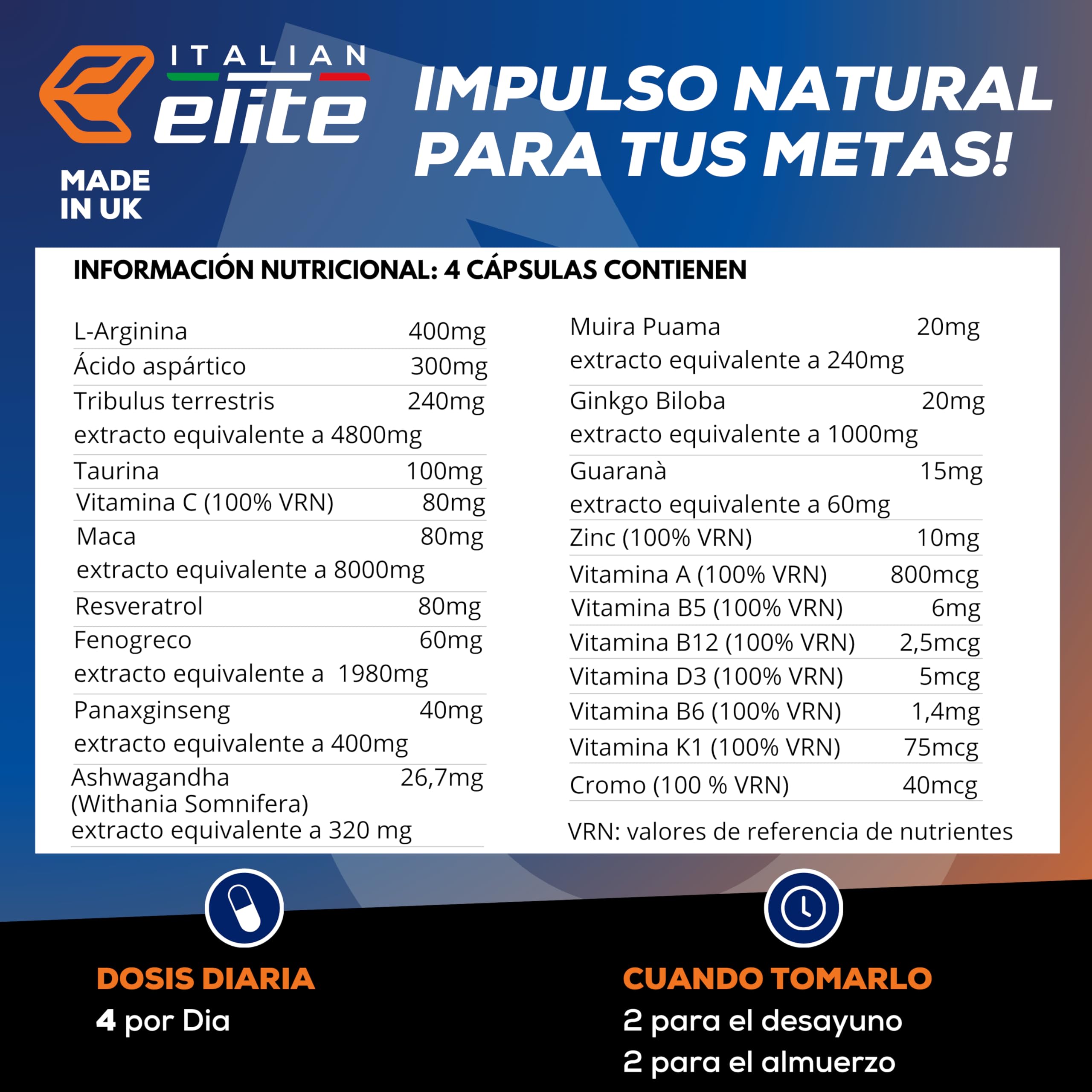 Italian Elite Testo Complex 120 Cápsulas - Fórmula con Maca 8000 mg, Tribulus, Fenogreco, Zinc, Arginina, Taurina, Ashwagandha, Vitaminas y Minerales