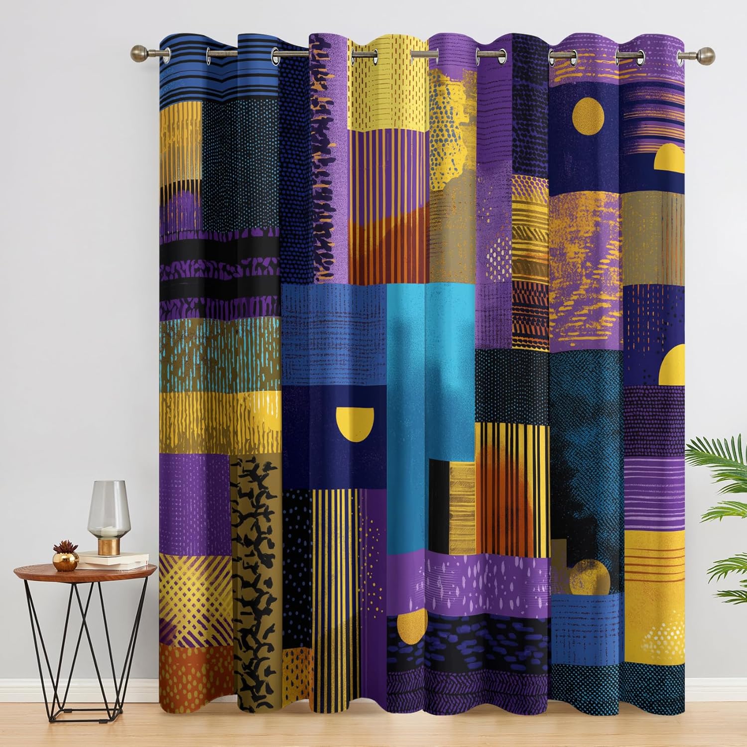 Geometric Patchwork Curtains for Bedroom Decor, 63 Inch Length, Modern Abstract Boho Pattern Design Blackout Drapes, Geometric Patchwork Curtains for Living Room, 2 Panels Set E&-8476