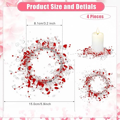Miniatura 2 de 4 anillos de vela para el día de San Valentín coronas de corazón de oropel coronas de perlas de boda anillos de vela con cuentas de 32 pulgadas