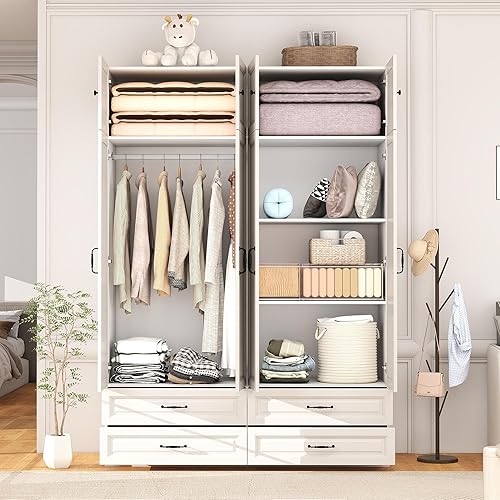 Miniatura 3 de Armario blanco con cajones: Armarios de dormitorio con barra para colgar, armario de madera para colgar ropa, armarios altos con puertas y estantes