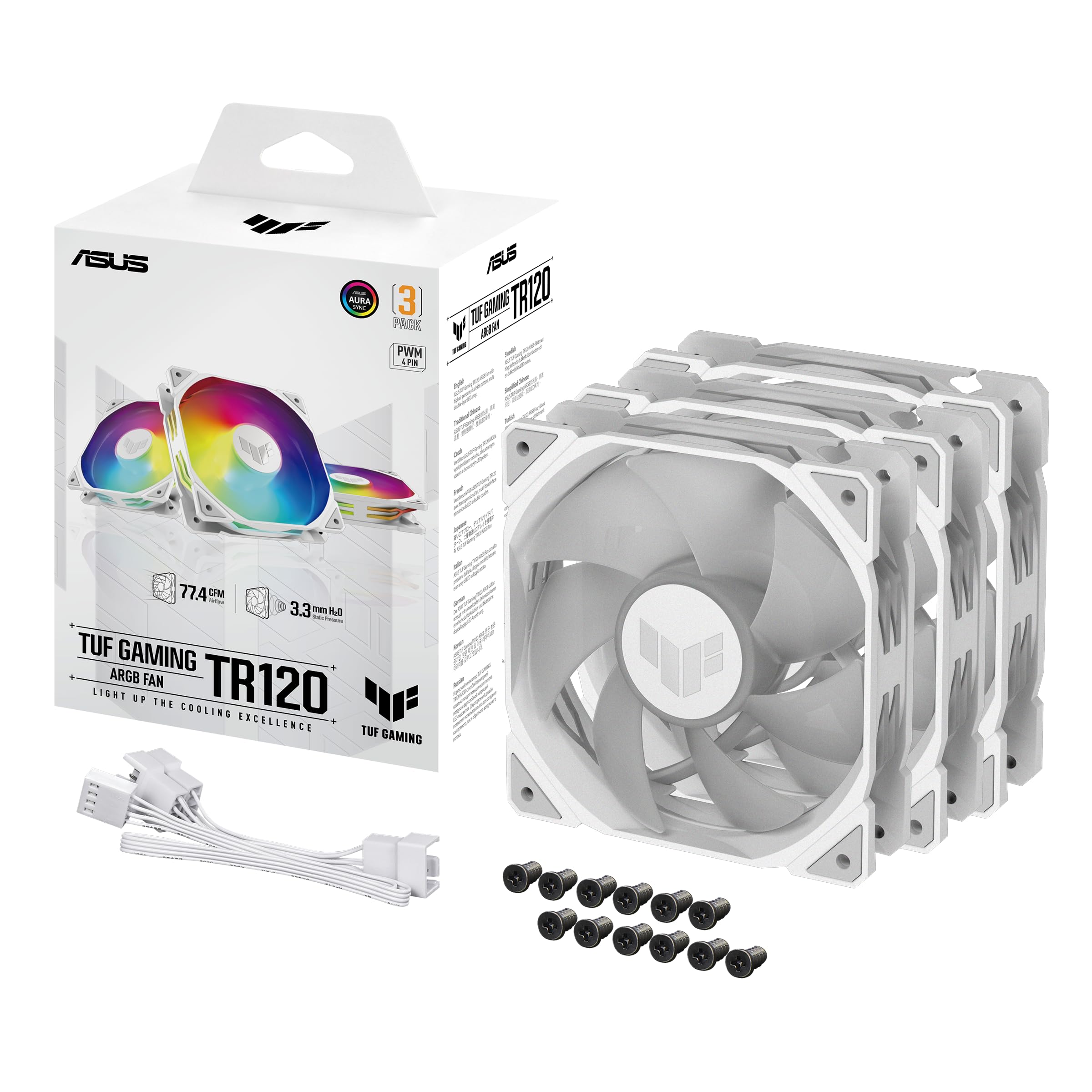 ASUS TUF Gaming TR120 - Ventilador blanco ARGB de 120 mm, marco de ventilador de 28 mm, alta presión estática H2O de 3.3 mm, flujo de aire de 77.4 CFM, matriz LED de doble capa, patrón lateral