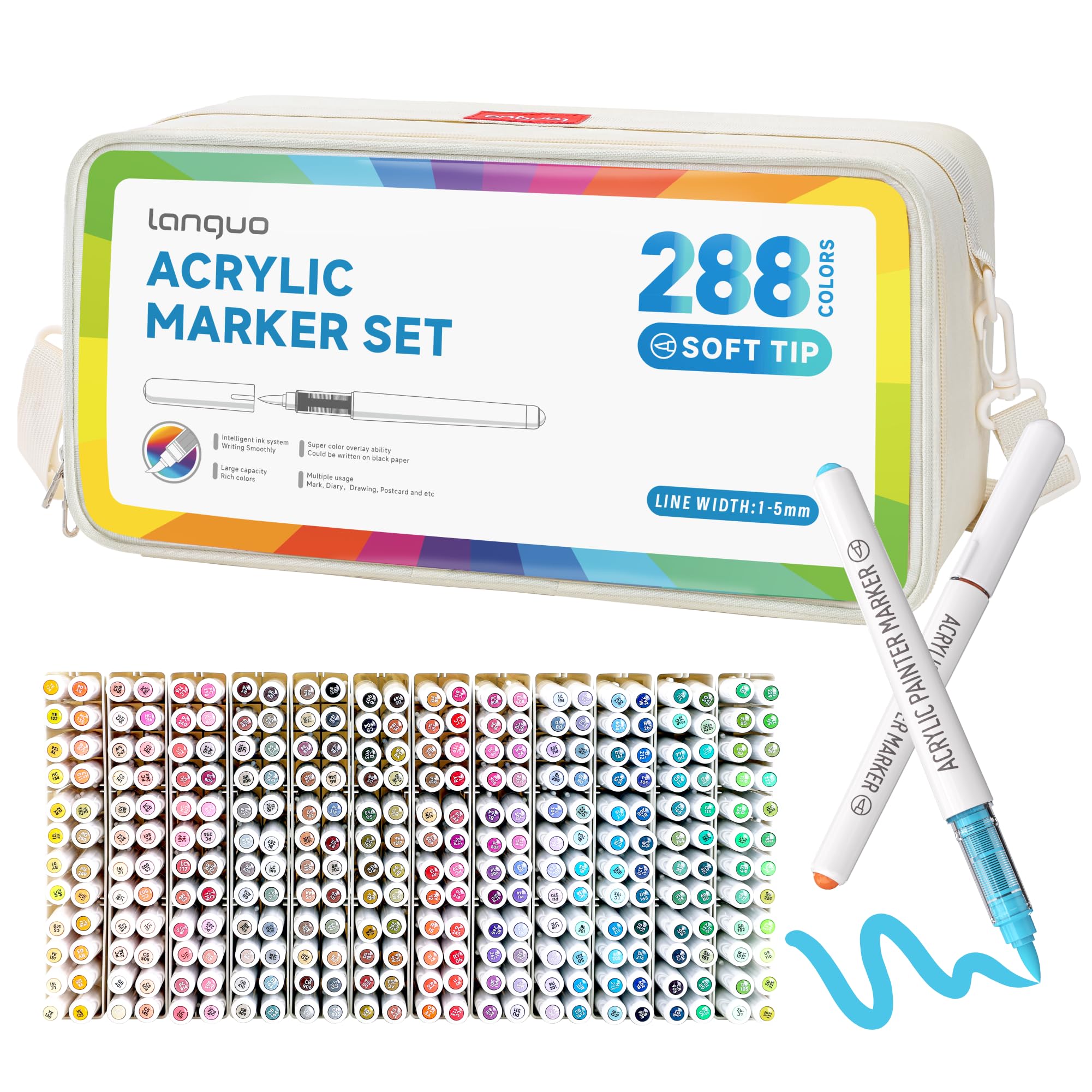 Languo Set di 288 pennarelli acrilici con punta pennello morbida con sacchetto, pennarelli per pittura acrilica per tessuto, legno, pietra, tela, vetro, uova, pittura su roccia, hobby