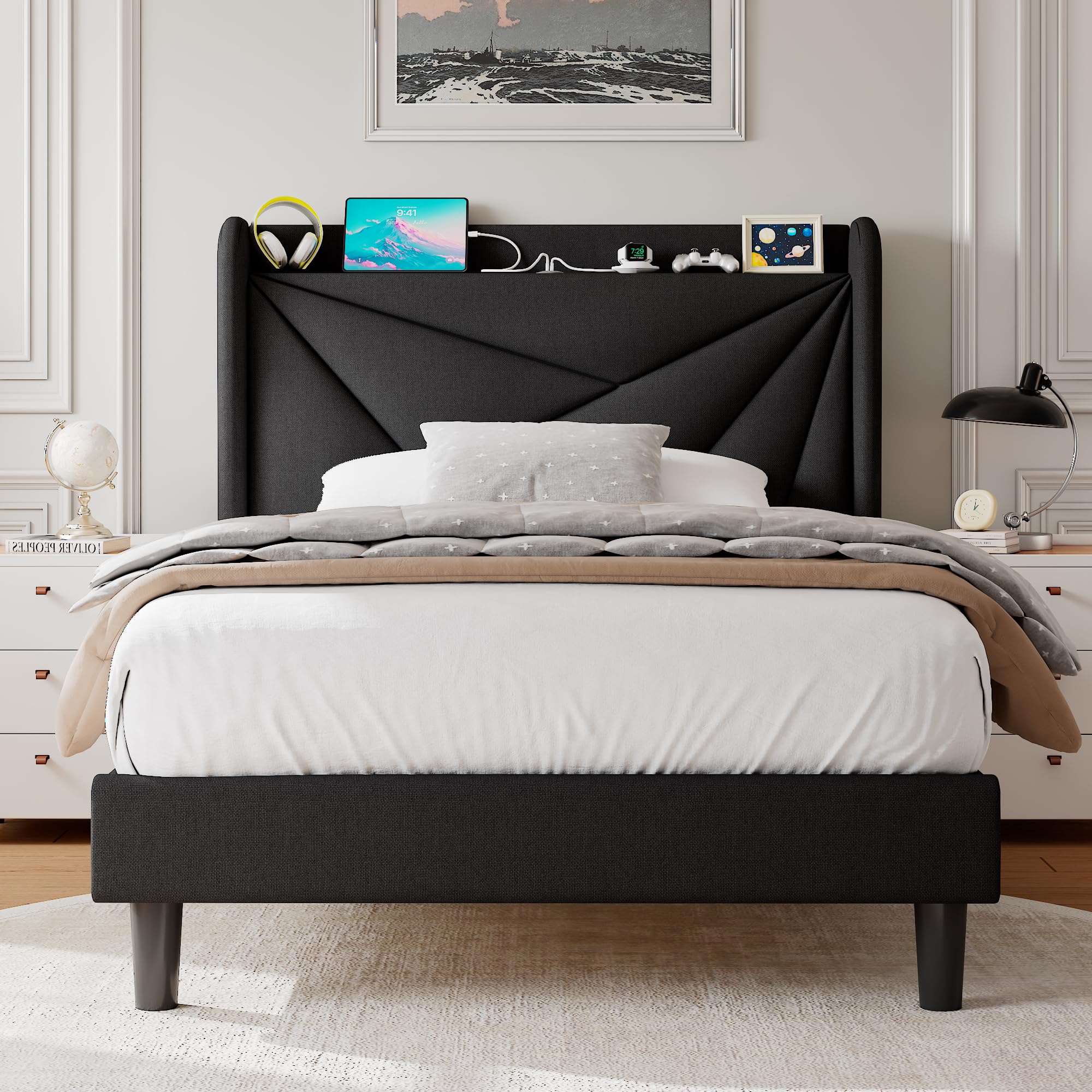 Einhomn Twin Size Upholstered Bed Frame with Charging Station