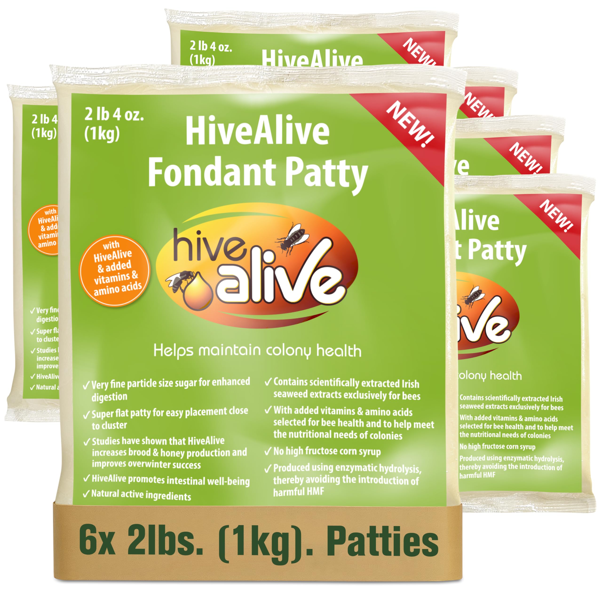 HIVE ALIVE Fondant Bee Food Supplement – Easy to Use Feed Enhancer Prevents Starvation During Overwintering – Only Fondant Proven to Increase Bee Gut Health and Boost Production -6Pack