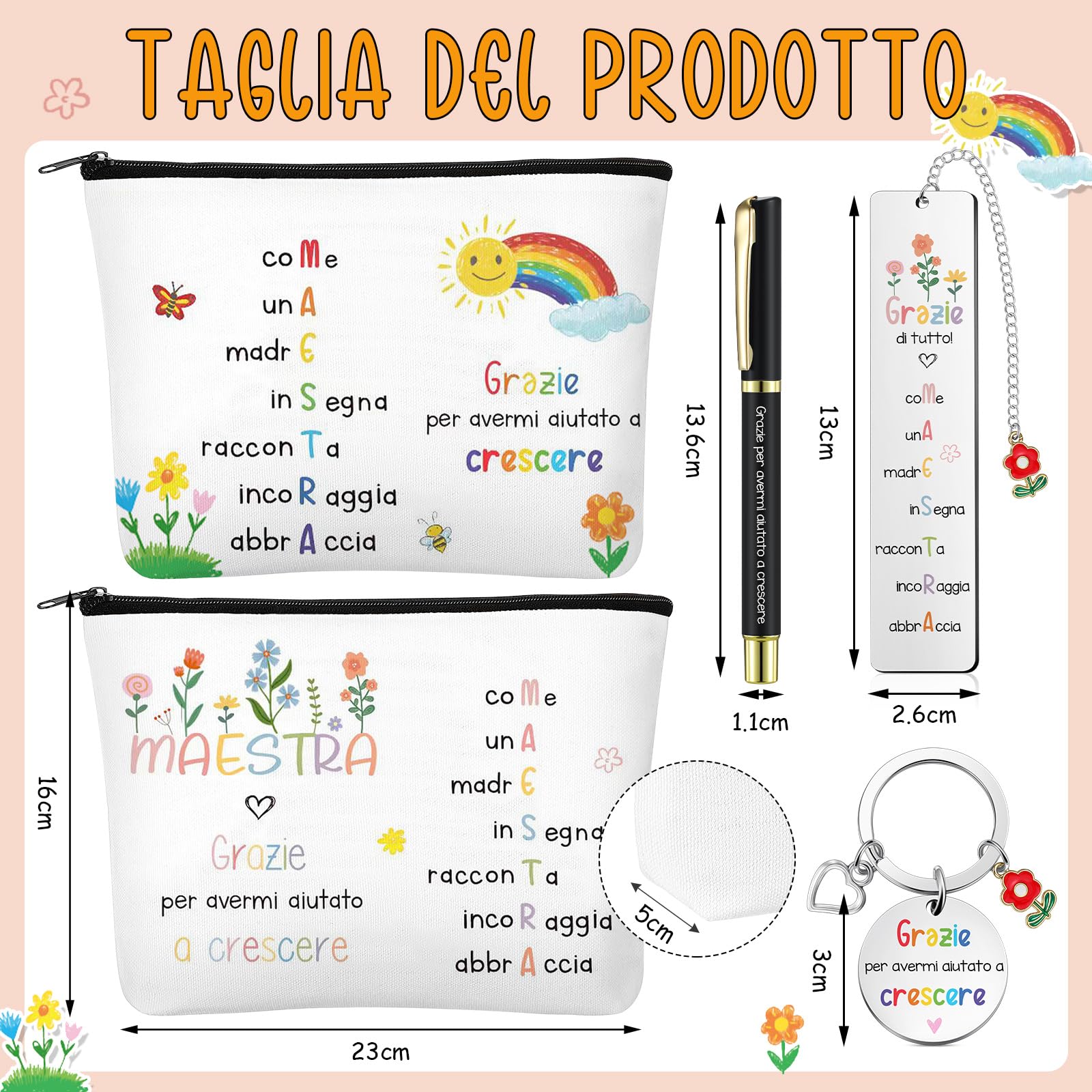 Xuniea 2 Set Regali Maestra Fine Anno Include 2 Segnalibri Maestra 2 Pochette 2 Penne e 2 Portachiavi Idee Regalo Insegnanti Pensieri per Asilo Grazie per Avermi Aiutato a Crescere
