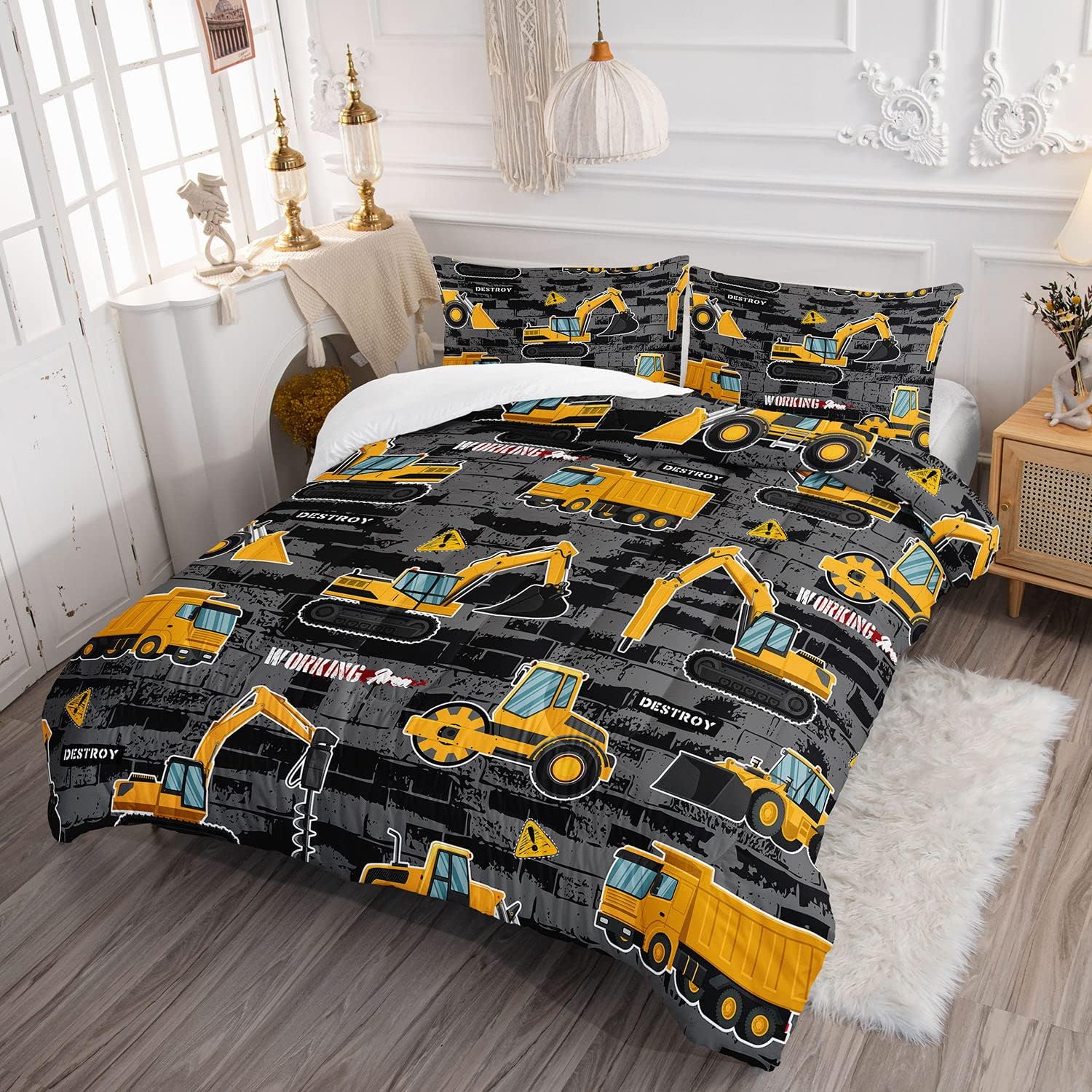 Kids Engineering Car Bedding Comforter Set Tractor Truck Printed Pattern Bedding Set with 1 Comforter and 2 Pillowcases for Boys Bedroom All Season(Truck2 Twin), Twin 68x86inches - Image 3