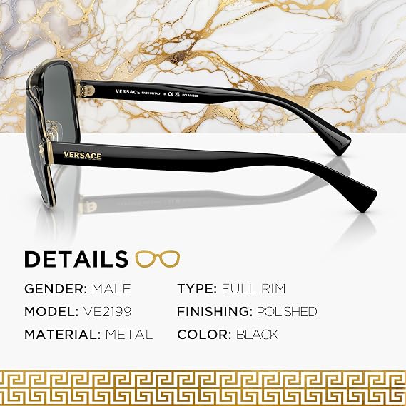 Versace VE2199 Oval Heart Sunglasses for Men Metal Frame with Temples, eShades Eyewear Kit Included