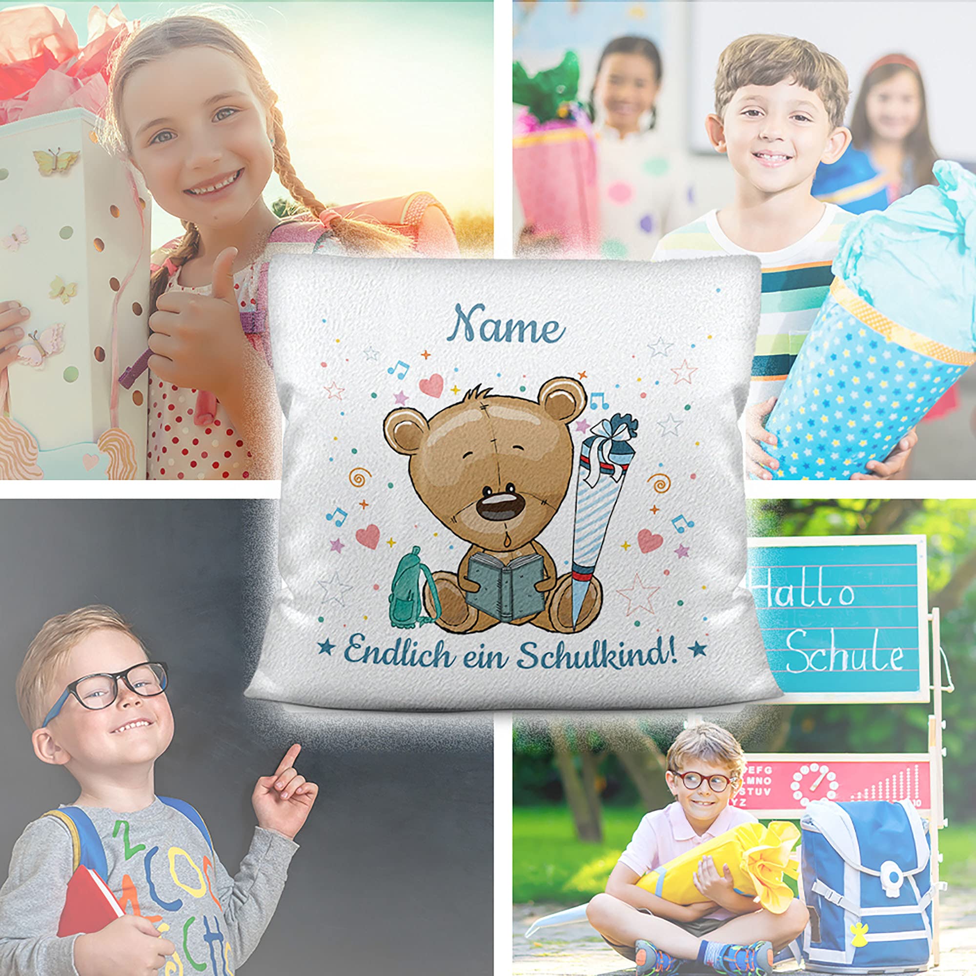 Geschenk-Set aus Trinkflasche und Kissen - Endlich ein Schulkind - Zur Einschulung für Jungs - mit Wunschname personalisieren - Einschulungsgeschenk - Kissen weiß, Flauschig - Flasche weiß, 600 ml