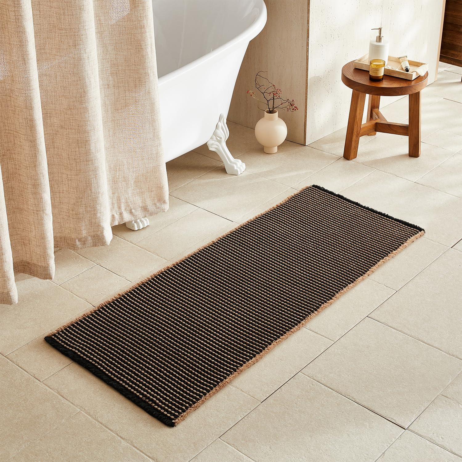 TYUU Waffle Runner Rug Bathroom, Long Boho Bath Mat, 60x24 Khaki &amp; Black