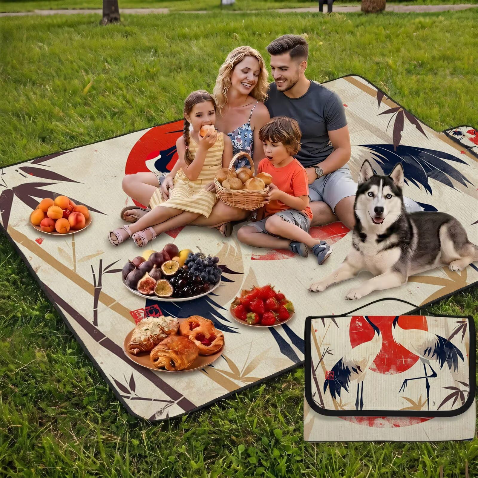 Couverture Pique Nique Grande 200x300cm,Outdoor Couverture Imperméable,Pliable Tapis de Plage Dos en PVC Anti-Sable,Picnic Blanket pour Camping Accessoires,Jardin,Parc,Famille - Japon,Grues (6) UZ-836