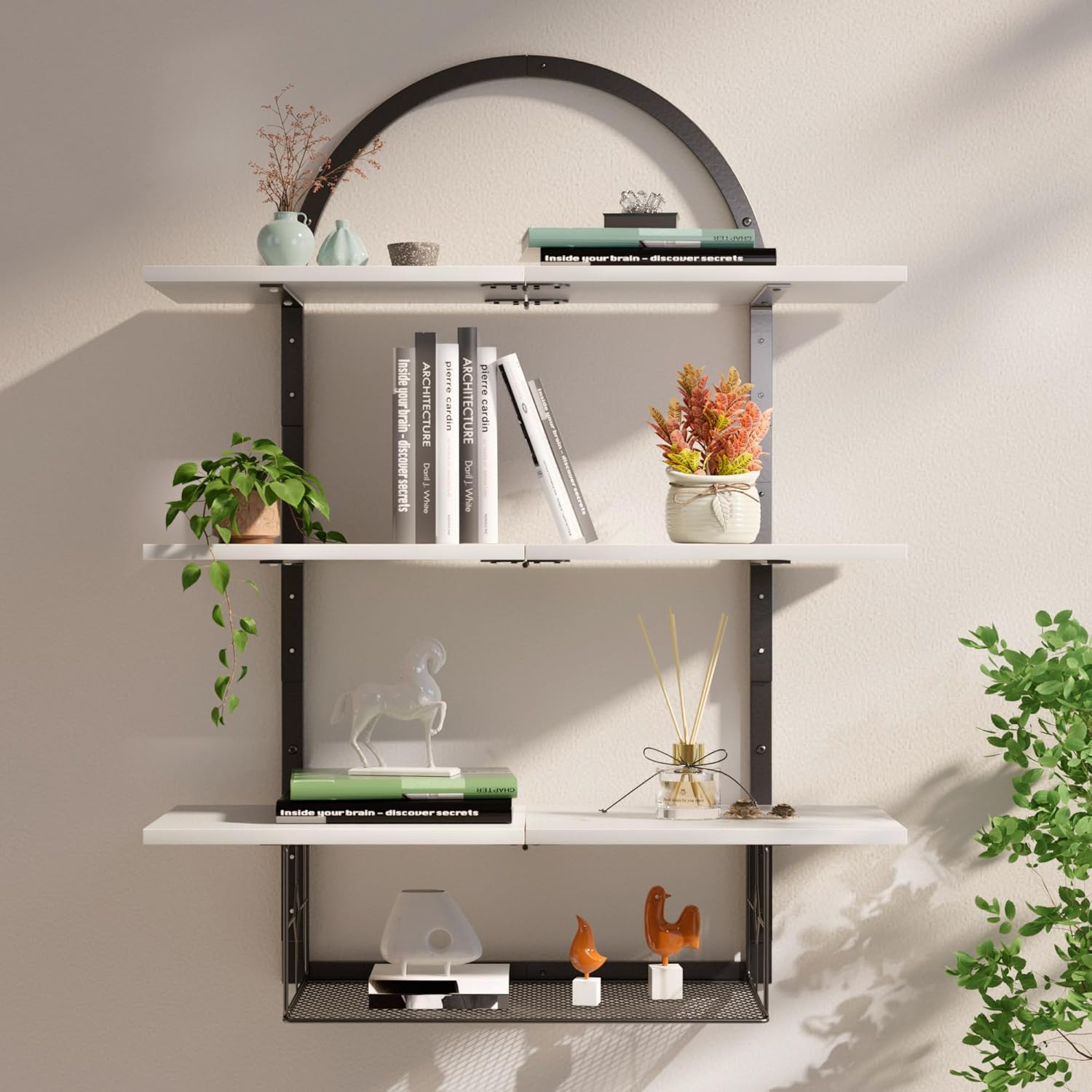 Floating Shelf for Wall- 31.5"x 24" 3+1 Tier White Bathroom Floating Shelves with Basket for Bathroom, Living Room,Bedroom and Kitchen