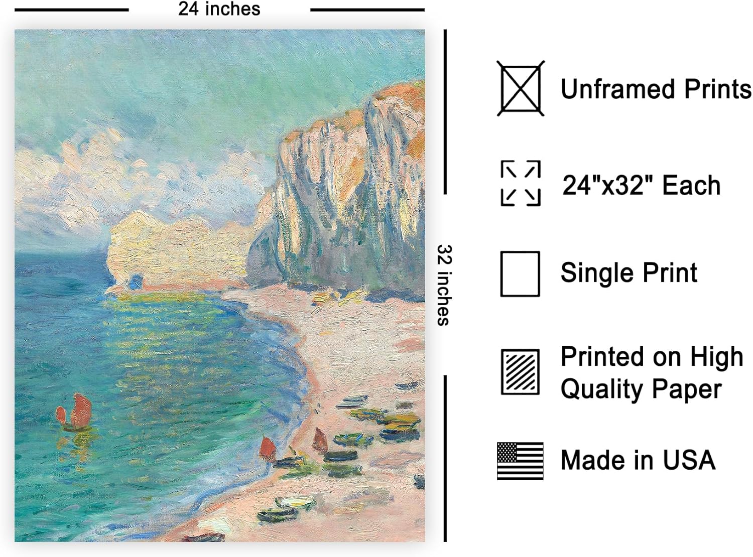 Poster Master Vintage Claude Monet Poster - Retro Impressionism Print - Gift for Artist, Painter - Beach and the Falaise d'Amont, Boats, Summer - Wall Decor for Home, Bedroom, 24x32 Unframed Wall Art