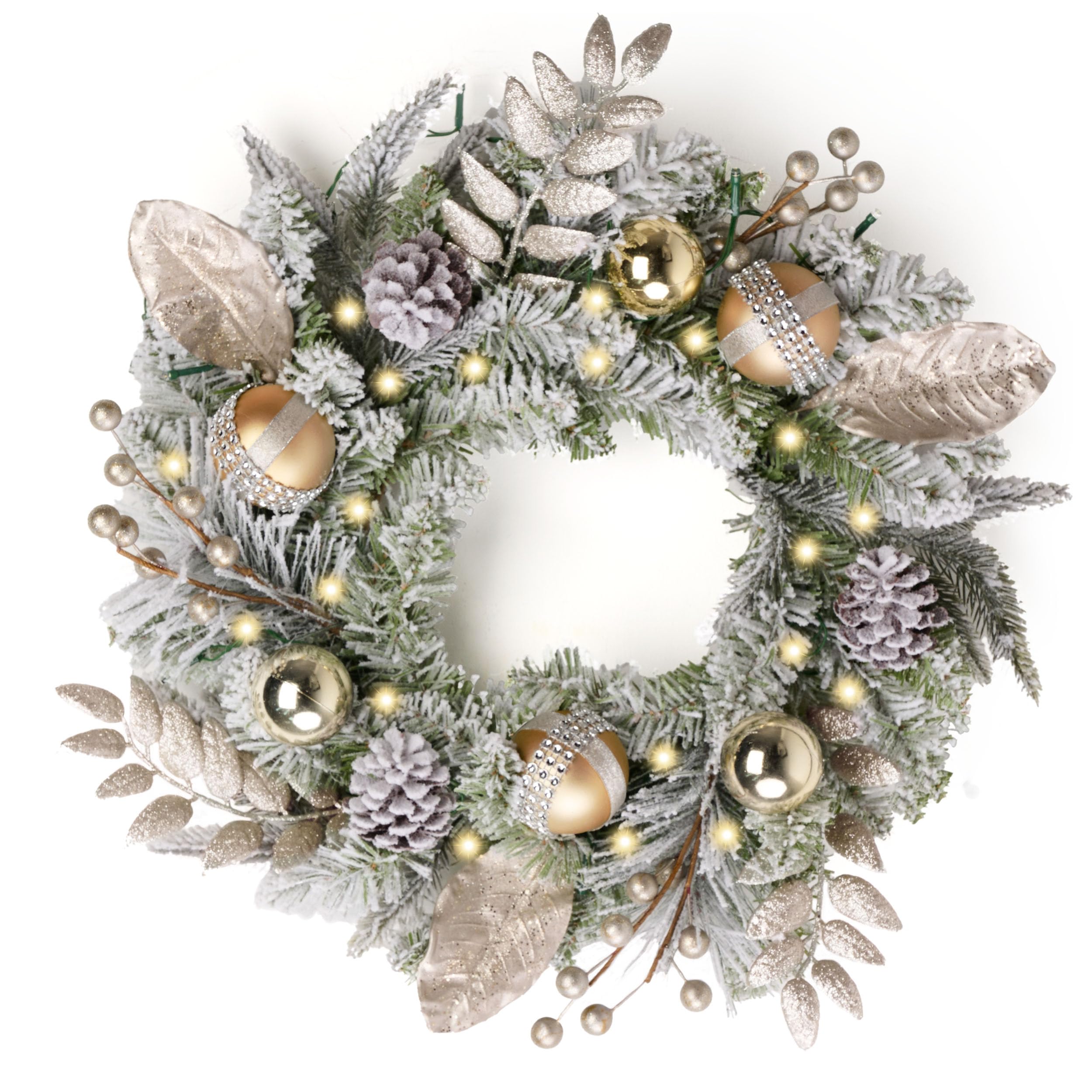 Valery Madelyn 16 Zoll/40CM Weihnachtskranz türkranz Weihnachten, haustür weihnachtskranz Weiß Gold, Adventskranz mit 20 LEDs Timer und Tannenzapfen Weihnachtskugeln für Weihnachtsdeko Feste Advent