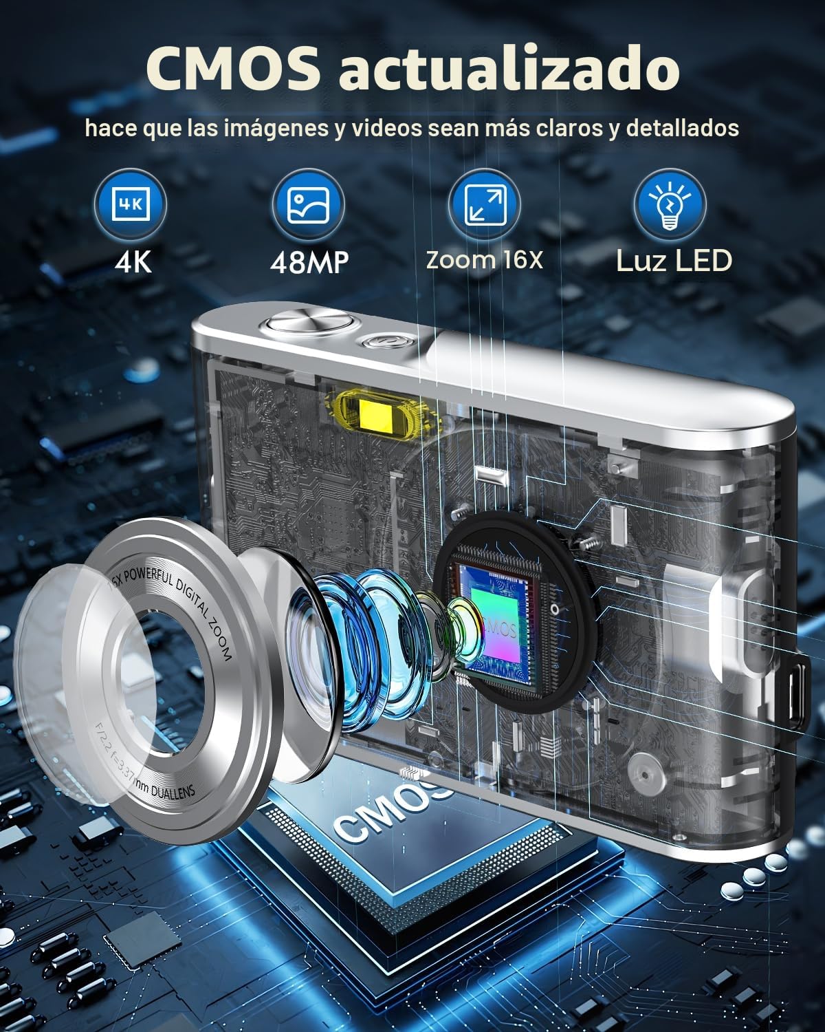 Cámara Digital, AutoFocus 4K Cámara Compacta Cámara fotográfica con Tarjeta de Memoria de 32 GB con cámara Dual HD 48 MP Zoom Digital 16X Pantalla Grande de 2,8" para Principiantes