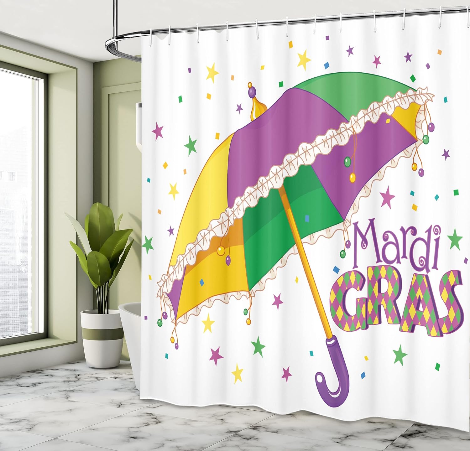 Ambesonne Mardi Gras Cloth Shower Curtain Bathroom Accessories Set with Hooks, Parade Preparations Umbrella Joyful Fun Party Art for Bathroom and Guestroom Decor, 69" W x 70" L, Purple Yellow Green