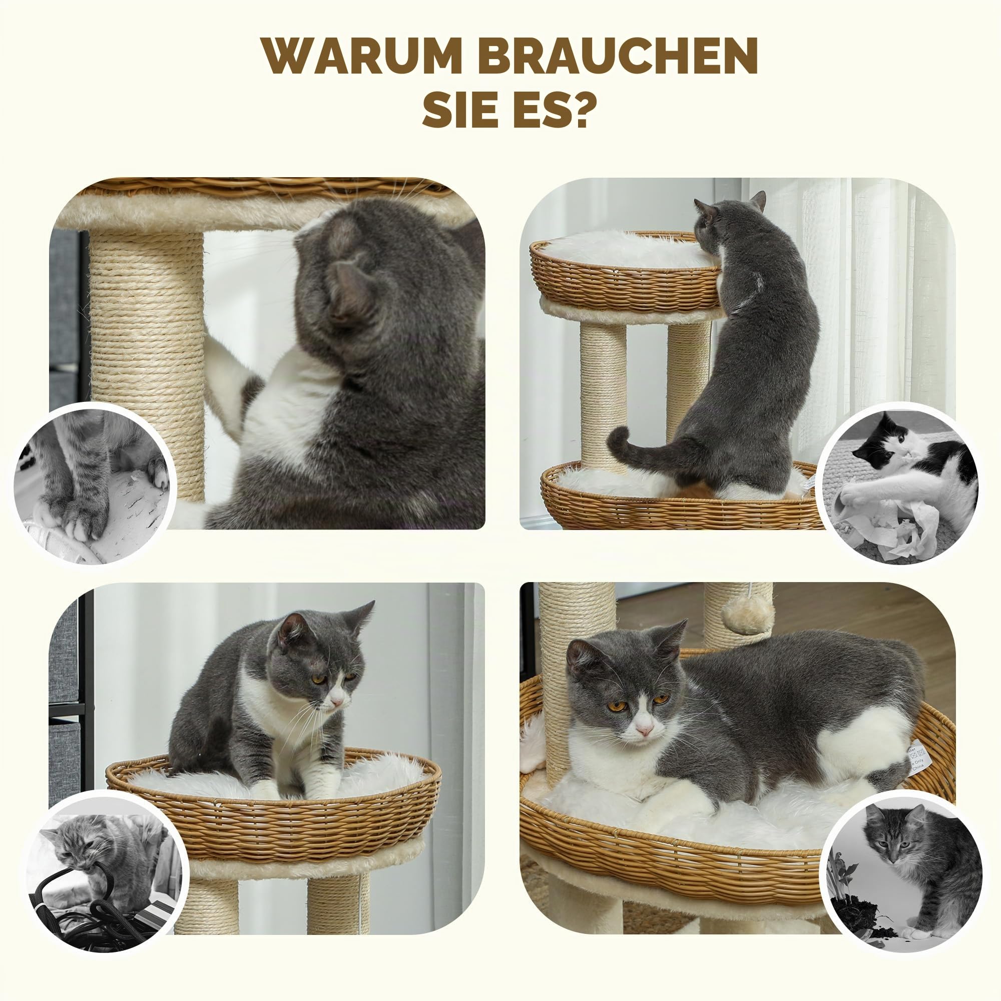 PawHut Kratzbaum, Kletterbaum, Höhe 75,5 cm, mit Zwei Katzenbetten aus Rattan, Kratzstangen, waschbaren Kissen, Spielzeugball, Beige