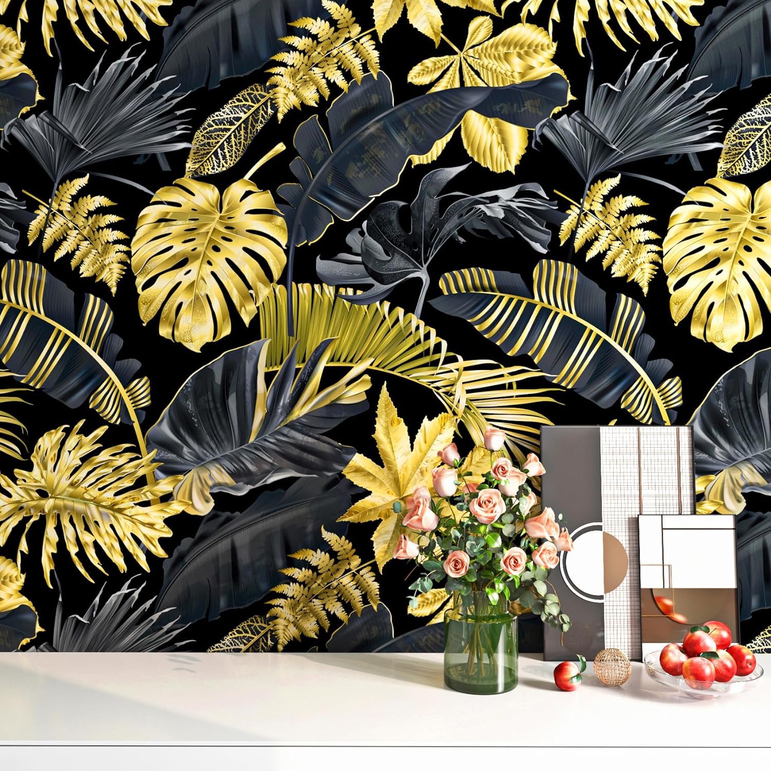 FunStick 44.5CM×9M Papel Pintado Hojas de Palma Papel Pintado Pared Autoadhesivo Hojas Oro Negro Vinilos Adhesivos Decorativos Muebles Hoja Dorado Vinilo Pared Autoadhesivo Cocina Habitacion Negro
