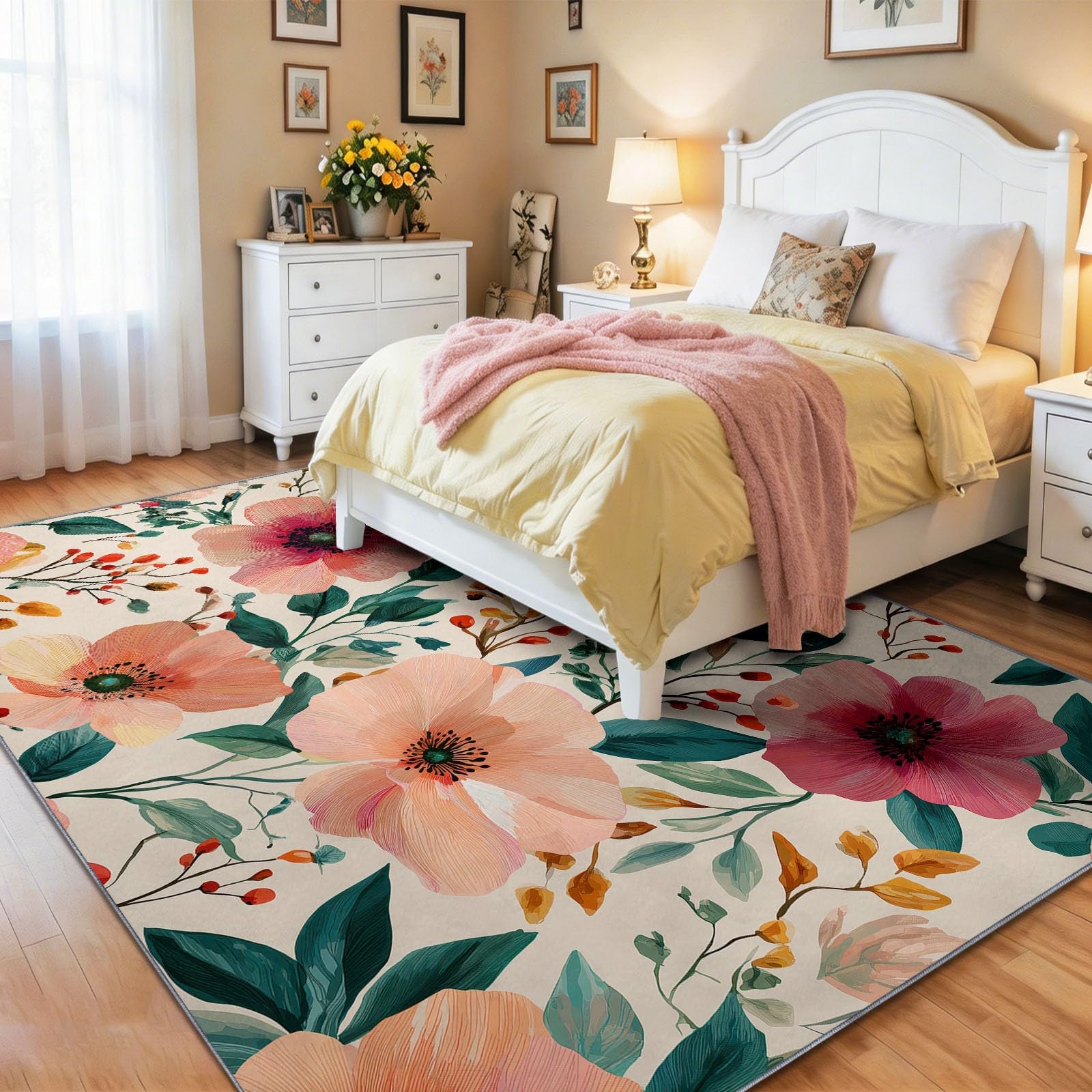 Aquarelle Botanique Interieur Tapis 140 x 200 cm Rose Poil Ras, AntidéRapant Tapis | Tapis Salon, Chambre Adulte Tapis,Descente de Lit, Salle a Manger, Bureau | Fleurs Feuilles Vertes Vignes