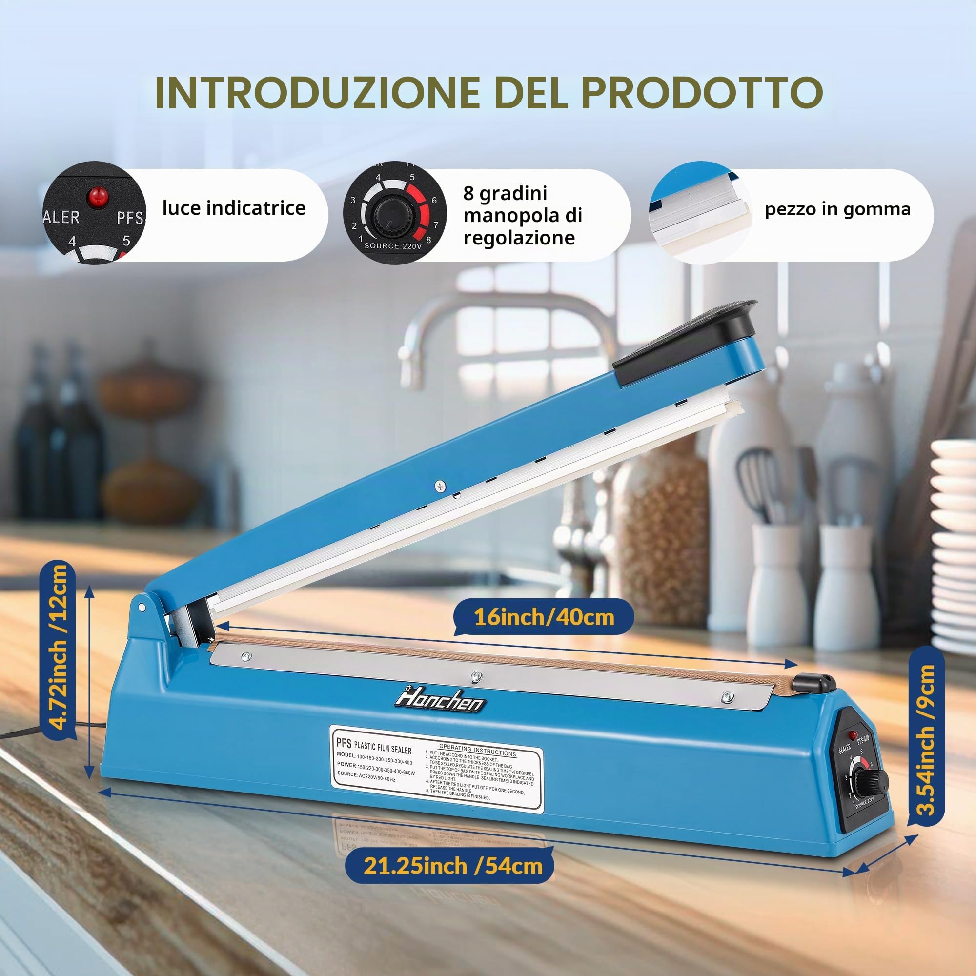 Hanchen Macchina sigillatrice a caldo ad impulsi 400mm per sacchetti di plastica, sigillatrice manuale con 5 fili di riscaldamento di ricambio e strisce in teflon