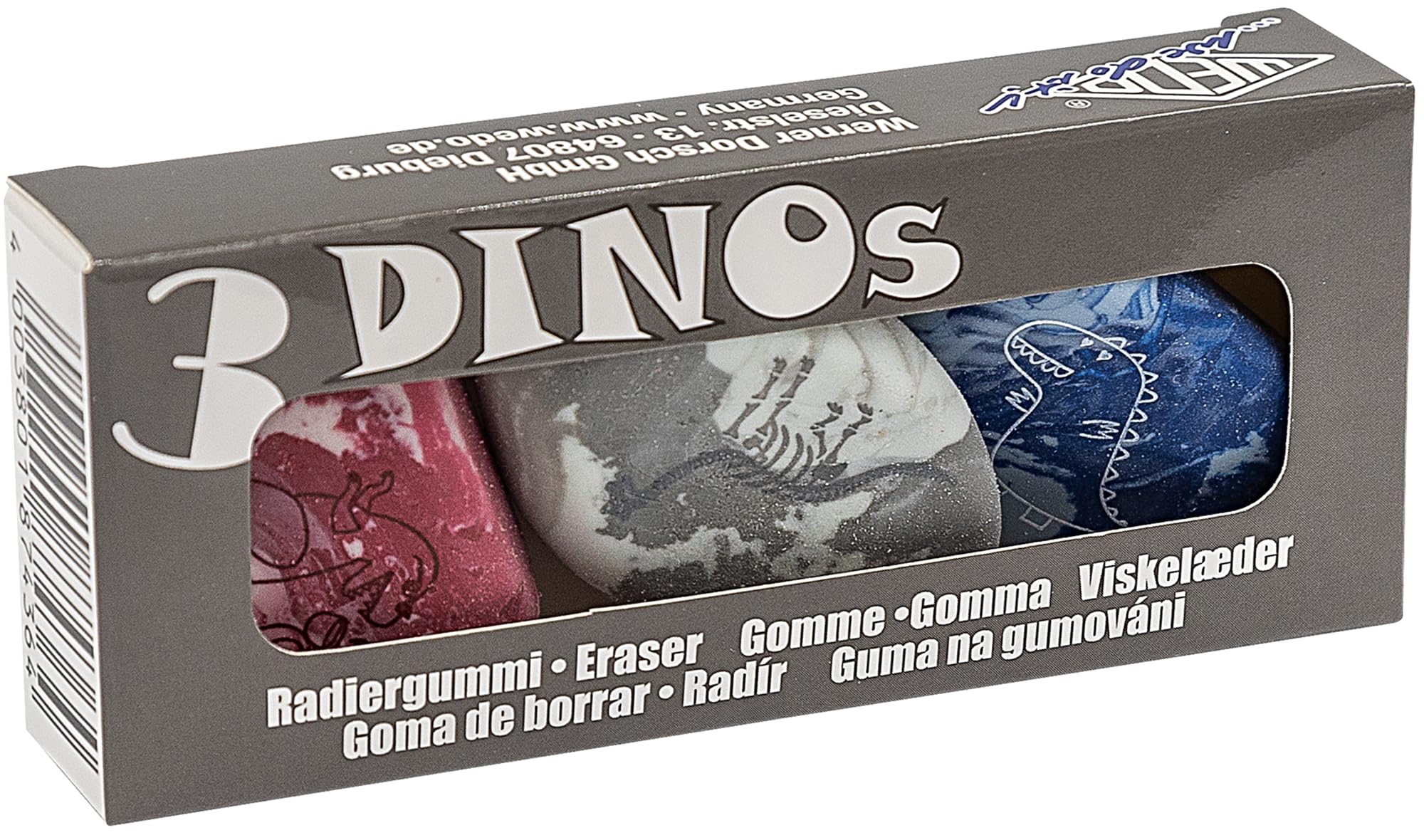 WEDO Dinosaur Erasers Set of 3 - Fossil Stone Erasers Assorted Colours (Blue Grey, Rose Grey) PVC Phthalate & Latex Free for School & Office