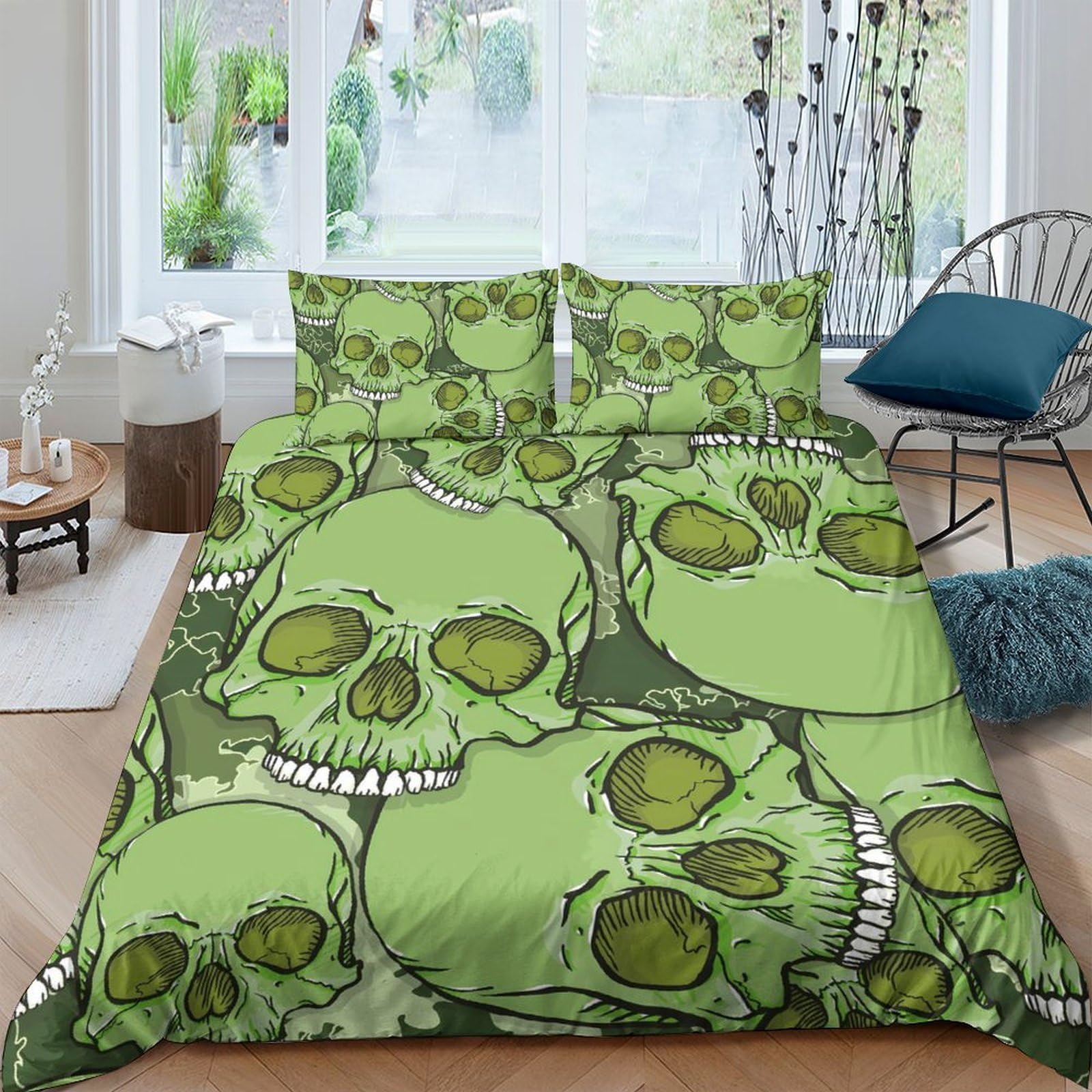Ctjqhvkz Style-9 3D Printed Green Skull Fitted Sheet Microfiber Soft Breathable Horror Art Bed Cover For Bedroom Dorm Decor Single（135X200cm）