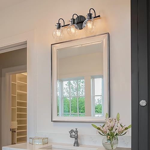 Miniatura 2 de LALUZ Lámparas de tocador de baño negras, 3 luces negras mate con globo de vidrio transparente, luces modernas de iluminación de baño sobre espejo
