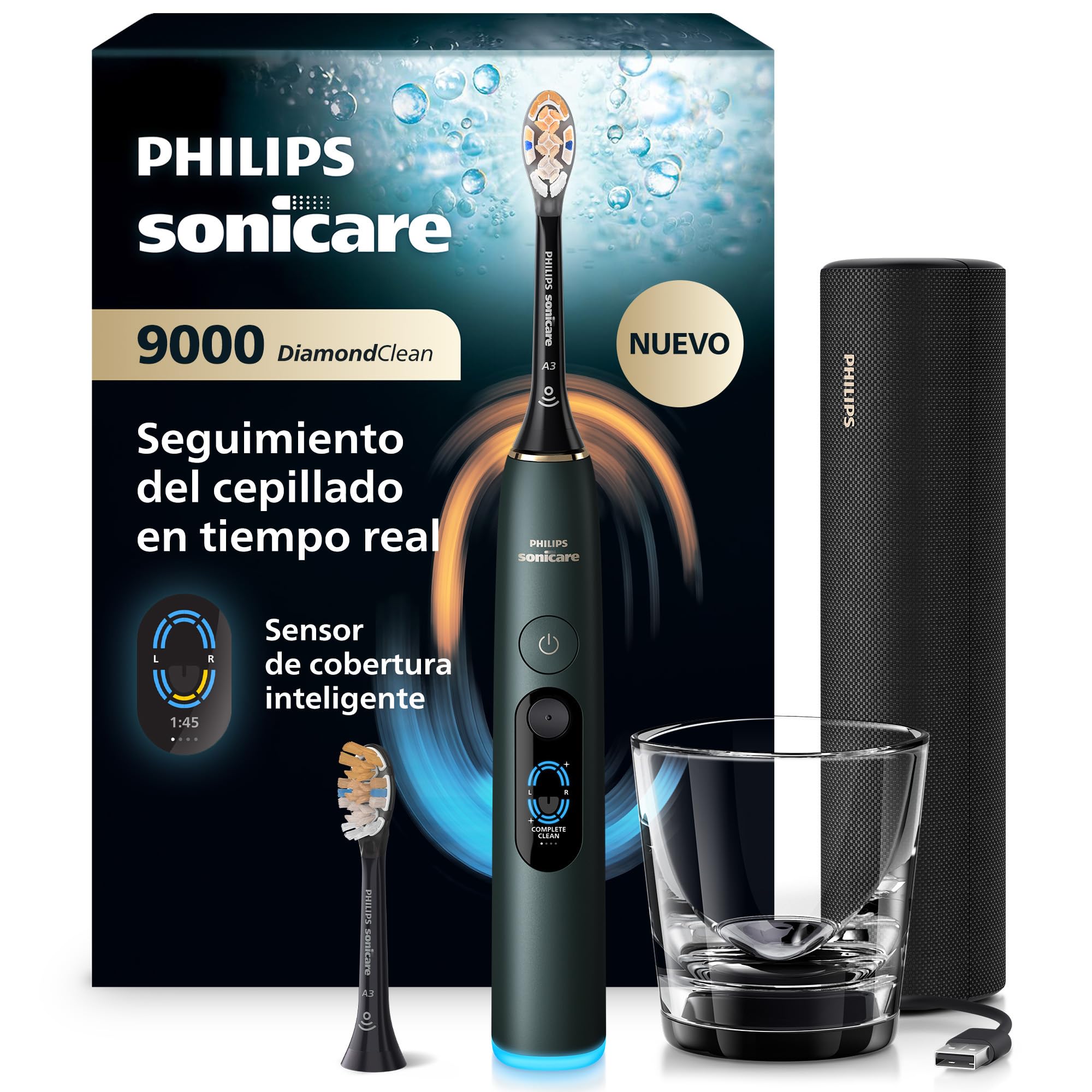 Philips Sonicare Next-Generation DiamondClean 9000 Cepillo de dientes eléctrico - con Smart Coverage Feedback, Smart Pressure Feedback y 21 ajustes, verde medianoche, HX9214/84