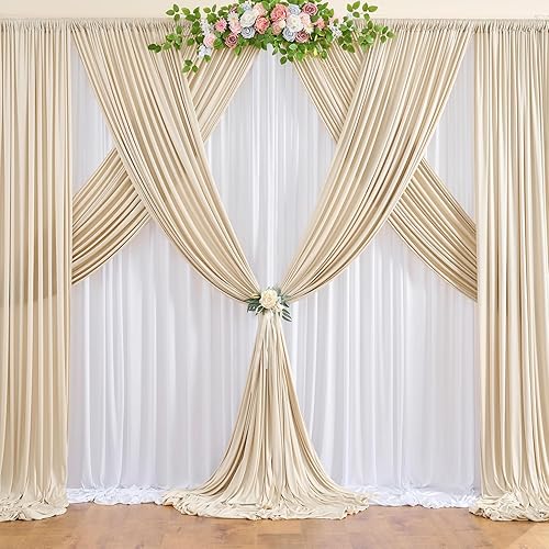 Miniatura 7 de NSSONBEN Cortinas de fondo beige sin arrugas de 20 x 10 pies para fiestas, 4 paneles de 5 x 10 pies de poliéster suave y sedoso para fotos de