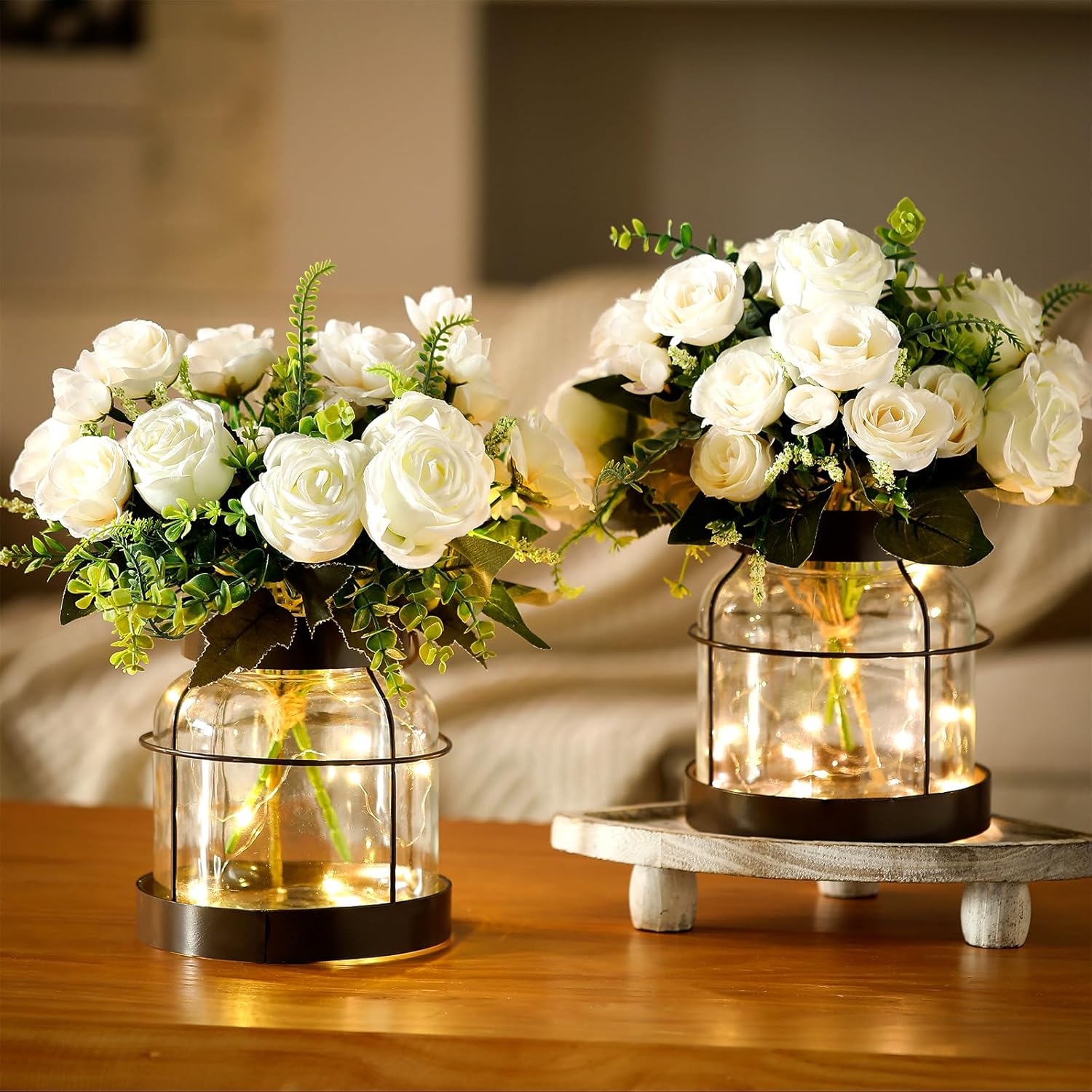 2 Set Vintage Glass Vase Rustic Farmhouse Lantern Decor with Artificial Plants Lights Decorative Clear Vase for Home Decor Floral Arrangement Dining Table Centerpieces(Eucalyptus Leaf)