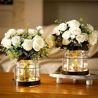 2 Set Vintage Glass Vase Rustic Farmhouse Lantern Decor with Artificial Plants Lights Decorative Clear Vase for Home Decor Floral Arrangement Dining Table Centerpieces (White Rose)