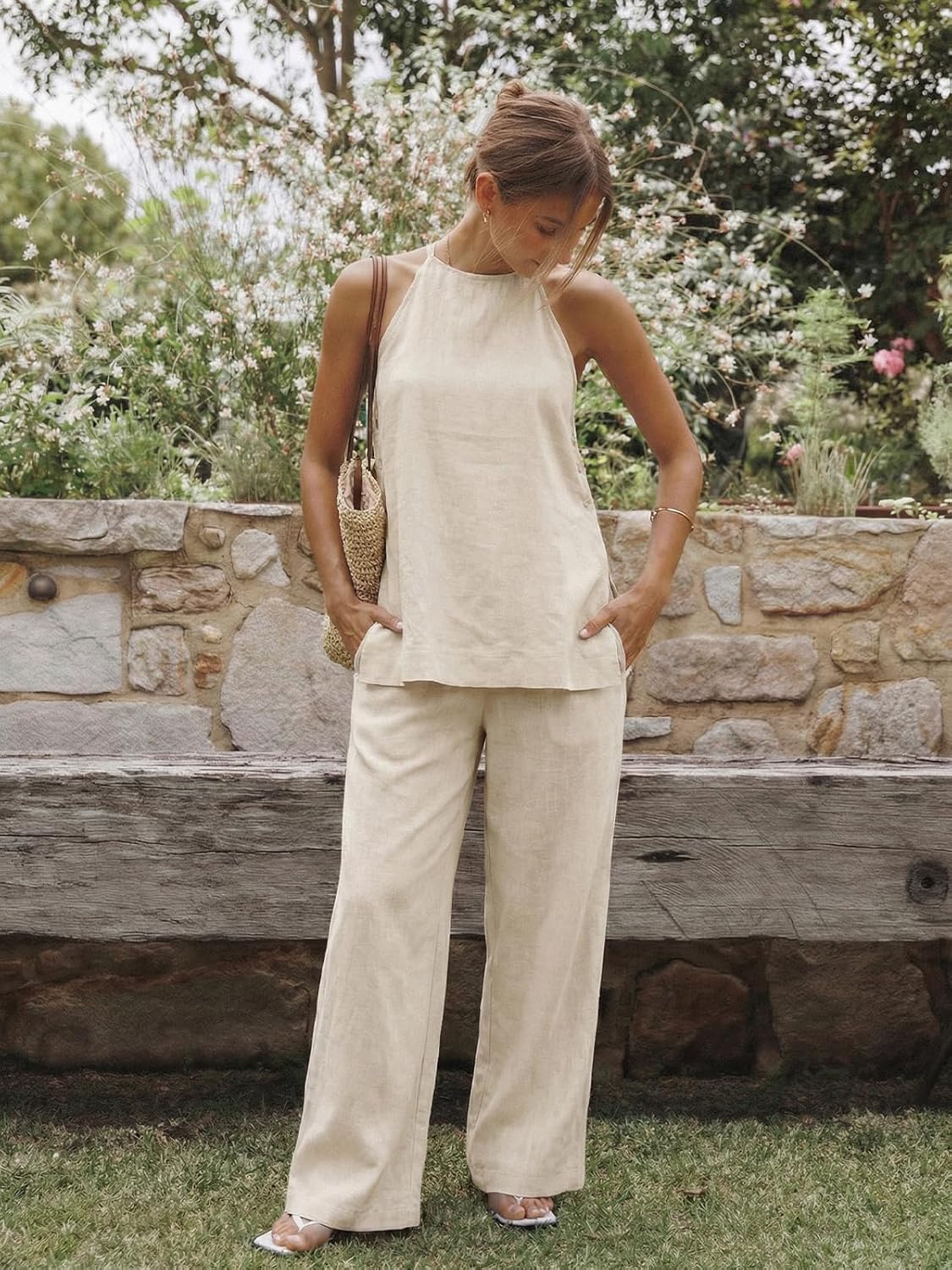 UNCOOYEE Womens 2 Piece Linen Outfits Halter Neck Sleeveless Side Split Top Wide Leg Pants Set Casual Beach Travel Sets