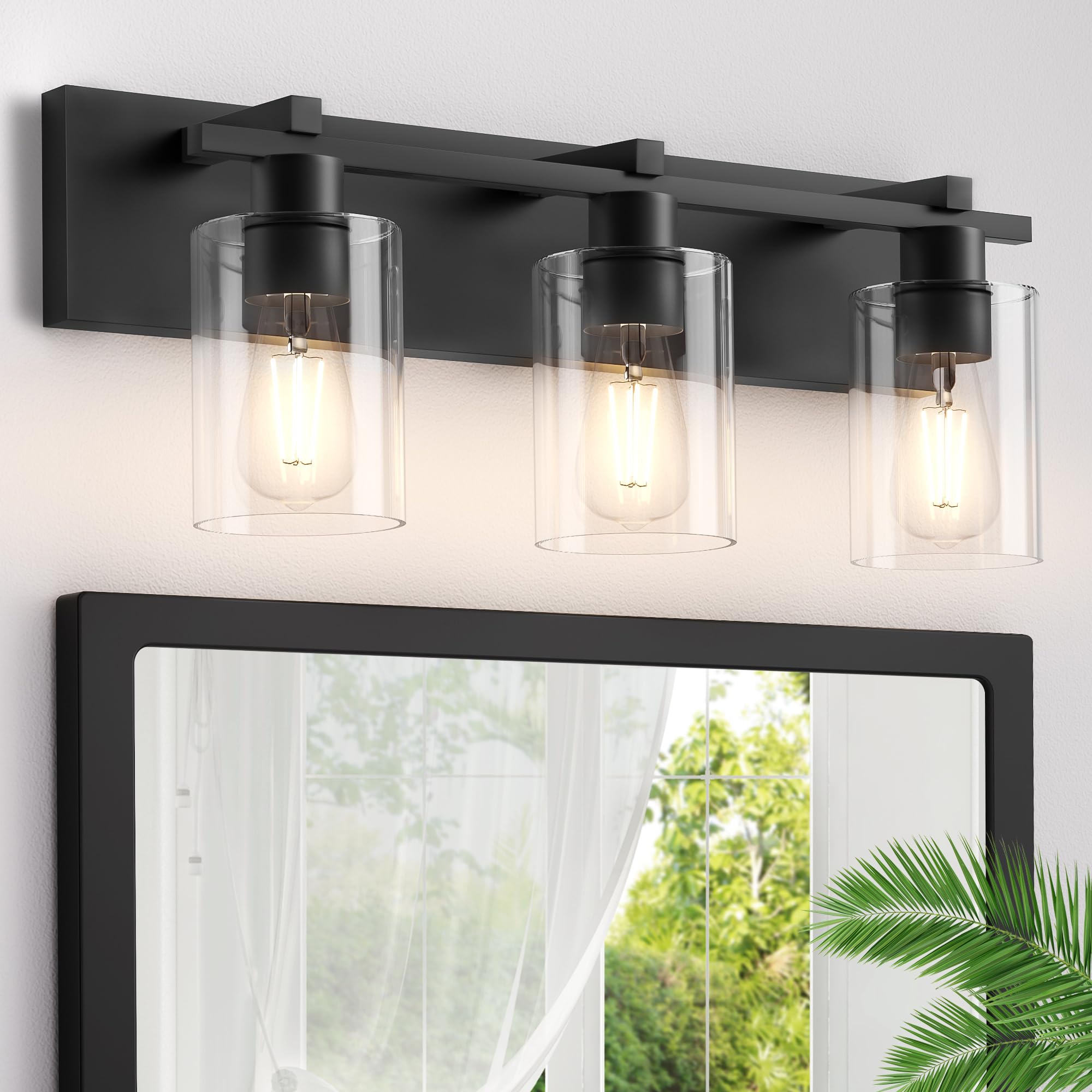 Espird Bathroom Vanity Light,3 Light Matte Black Light Fixture with Thickened Clear Glass Shade, 24 inch Modern Wall Sconce, Farmhouse Bathrooms Vanity Light Over Mirror for Bathroom