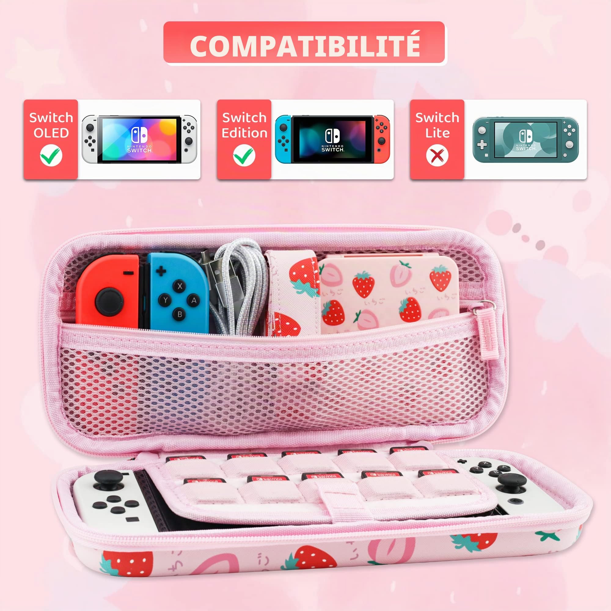 RHOTALL Étui de Transport pour Nintendo Switch et OLED, étui de Voyage Rigide et Portable pour Accessoires Switch avec étui de Jeu, 2 Coques Joy Con, bandoulière et 2 Capuchons de Pouces, Fraise Rose