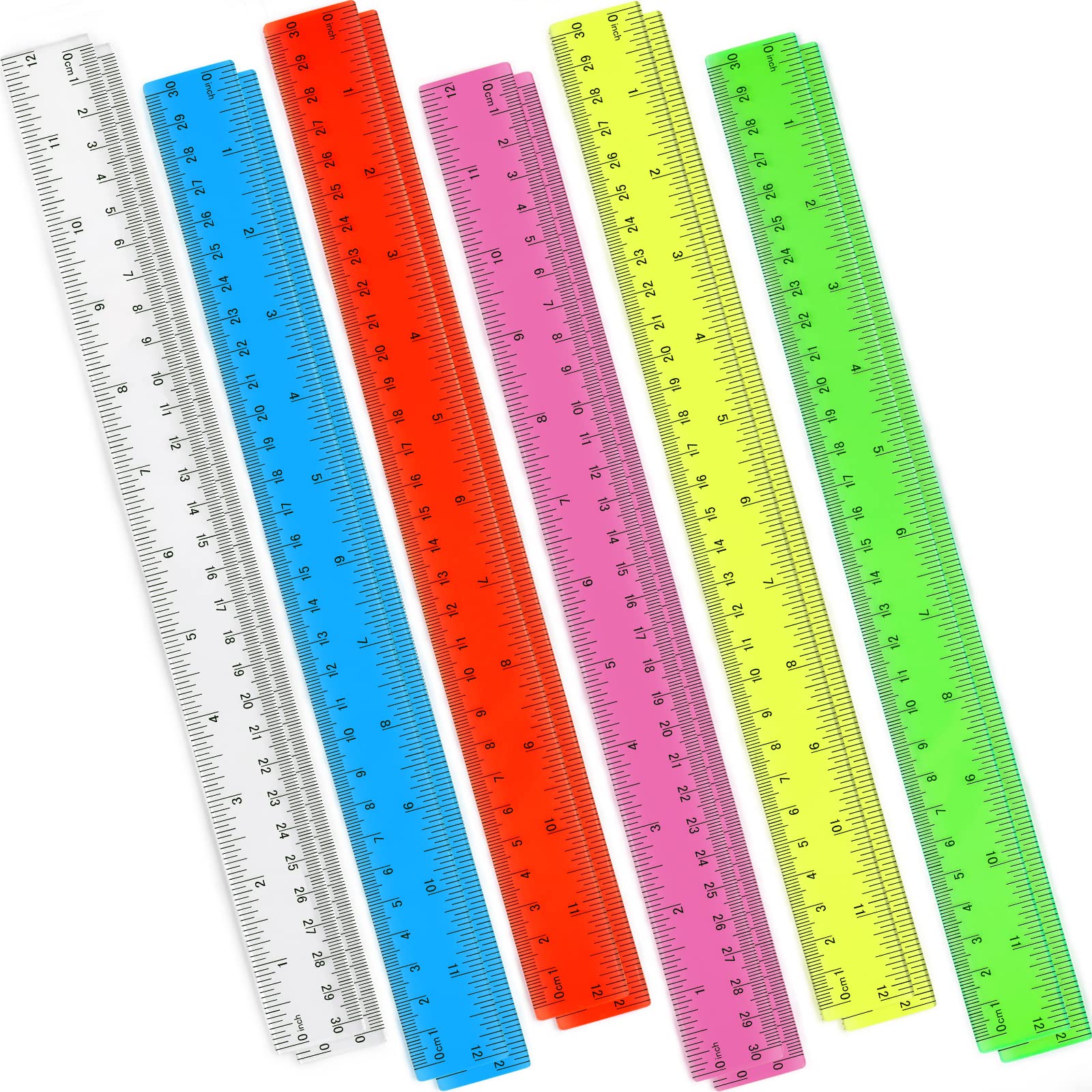 [12 Pack] Rulers 12 Inch - Color Clear Plastic Flexible Rulers - Ruler with Inches, Centimeters and Millimeter for Kids and Teachers - Metric Rulers Bulk, Suitable for Classroom and School Supplies