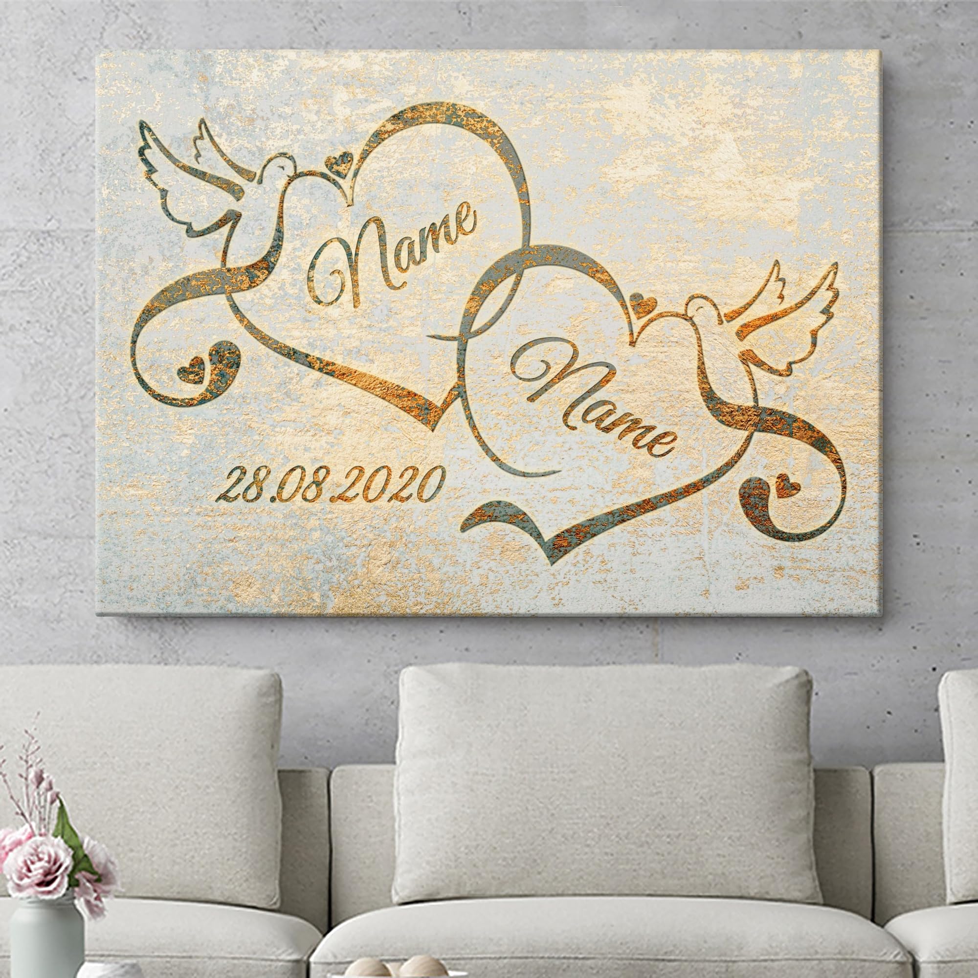Liebesleinwand Leinwandbild personalisiert | Leinwand gestalten mit Namen und Datum Geschenk für Partner | Liebesvögel